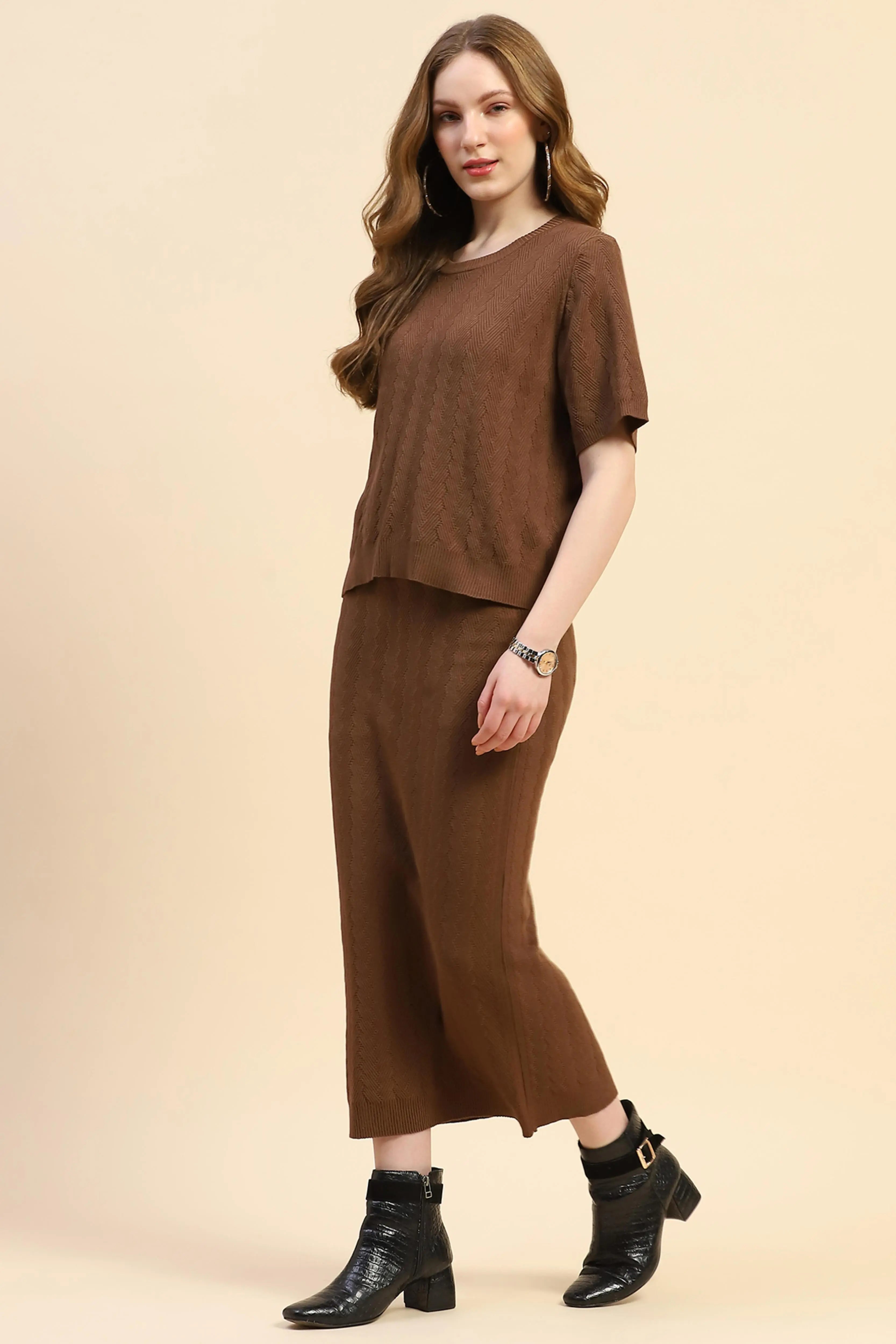 Brown Solid Viscose Blend Co-ord Set - Global Republic
