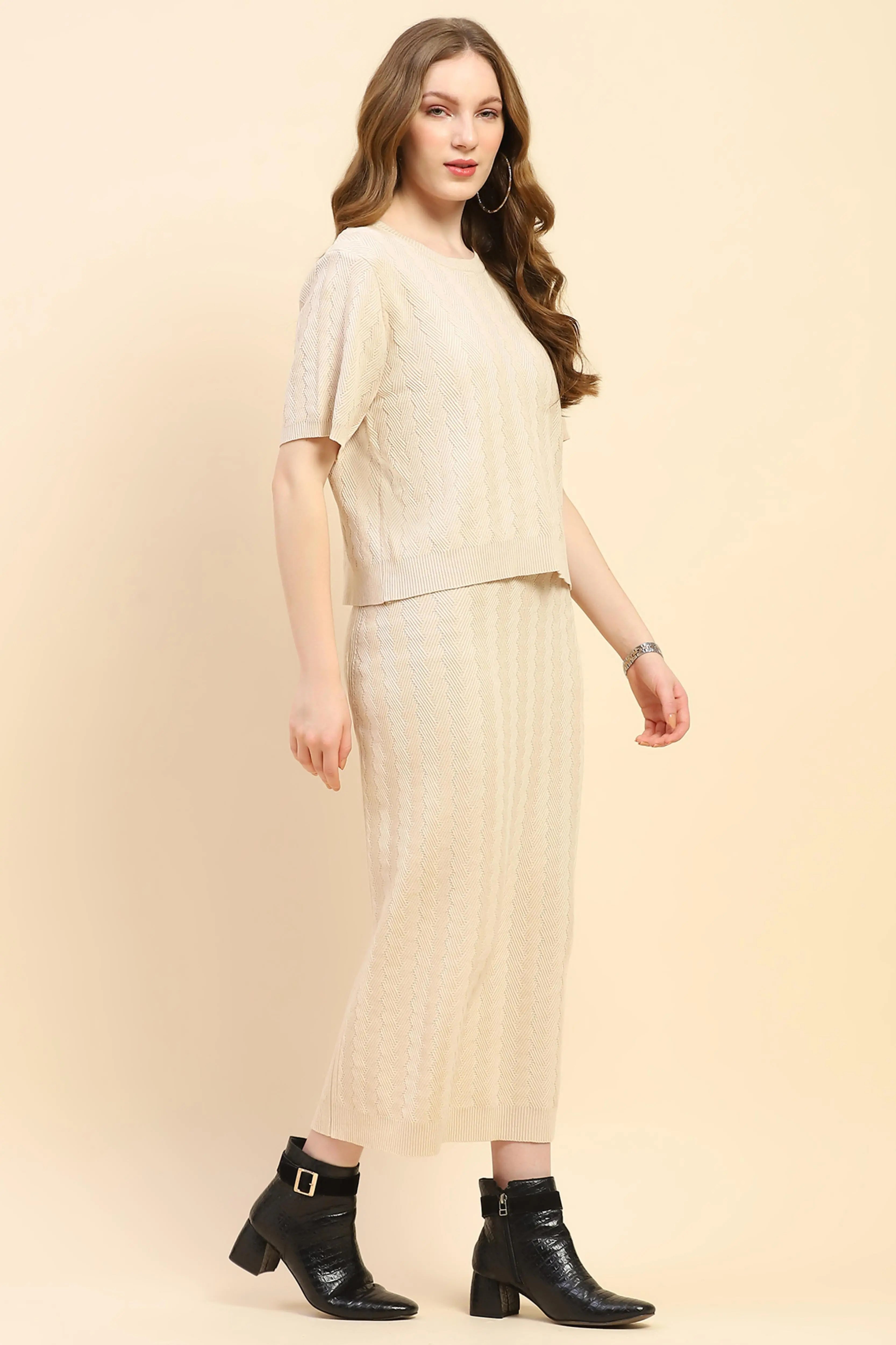 Beige Solid Viscose Blend Co-ord Set - Global Republic