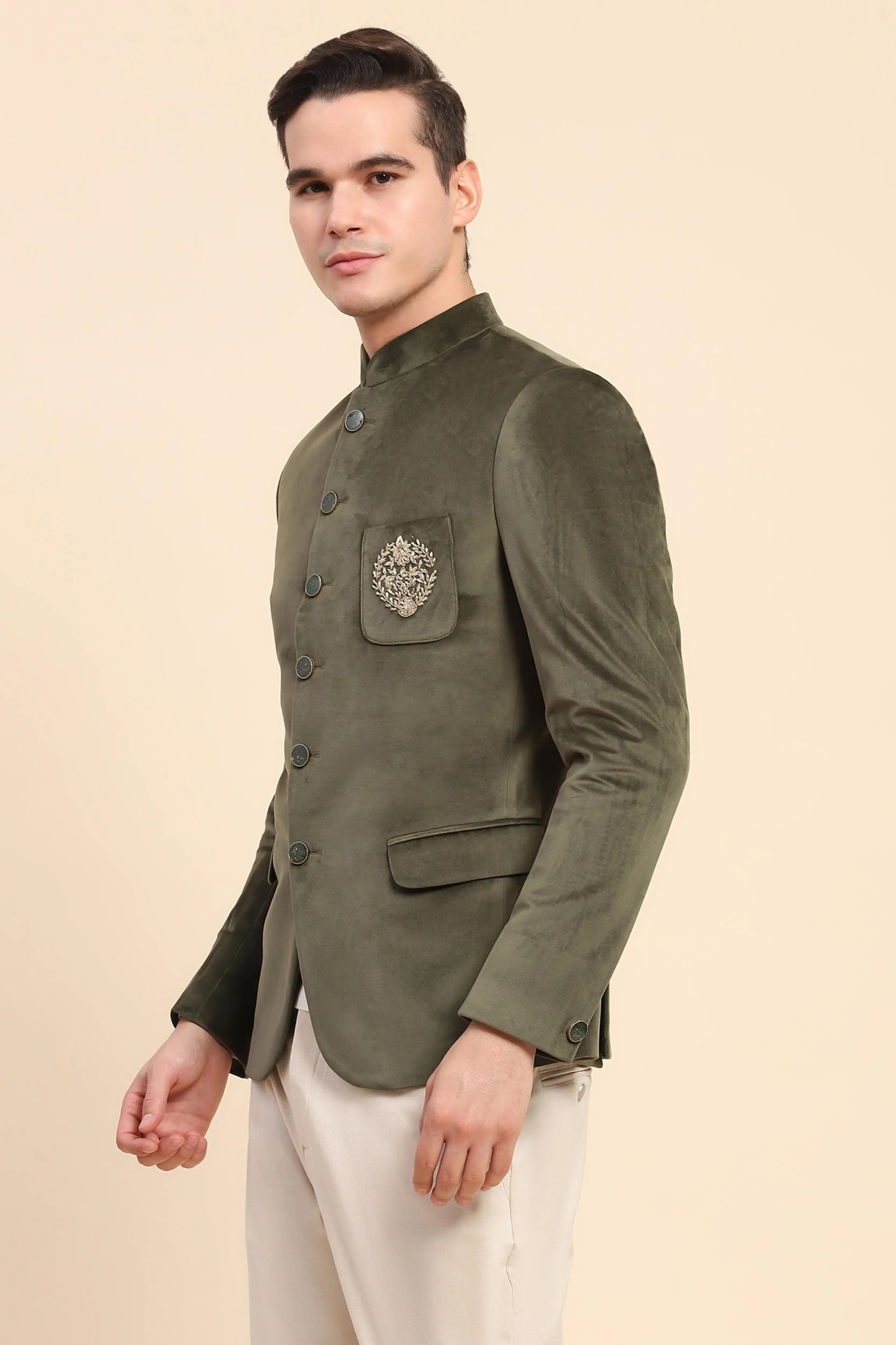 Olive Velvet Zari Embroidered Coat - Global Republic