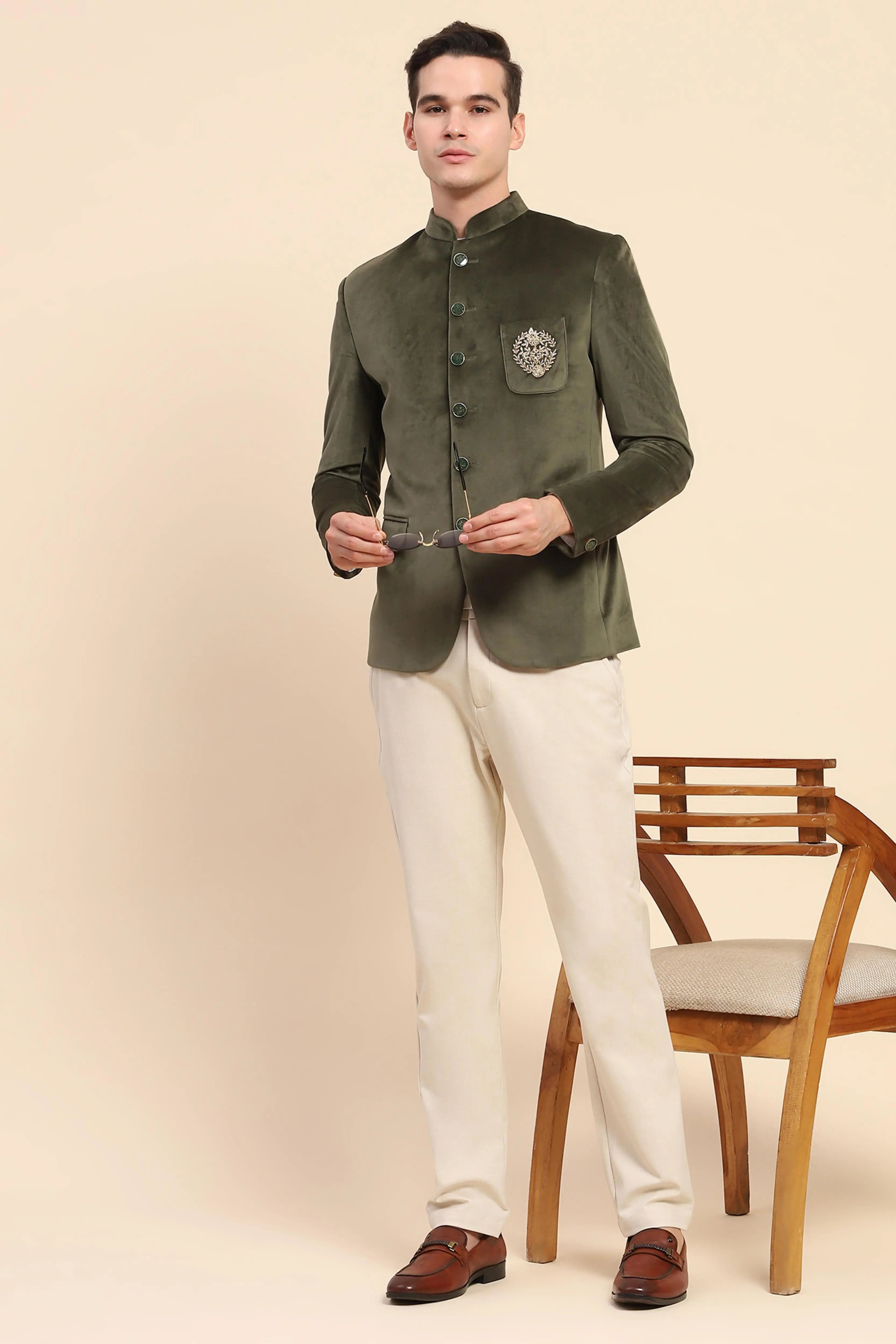 Olive Velvet Zari Embroidered Coat - Global Republic