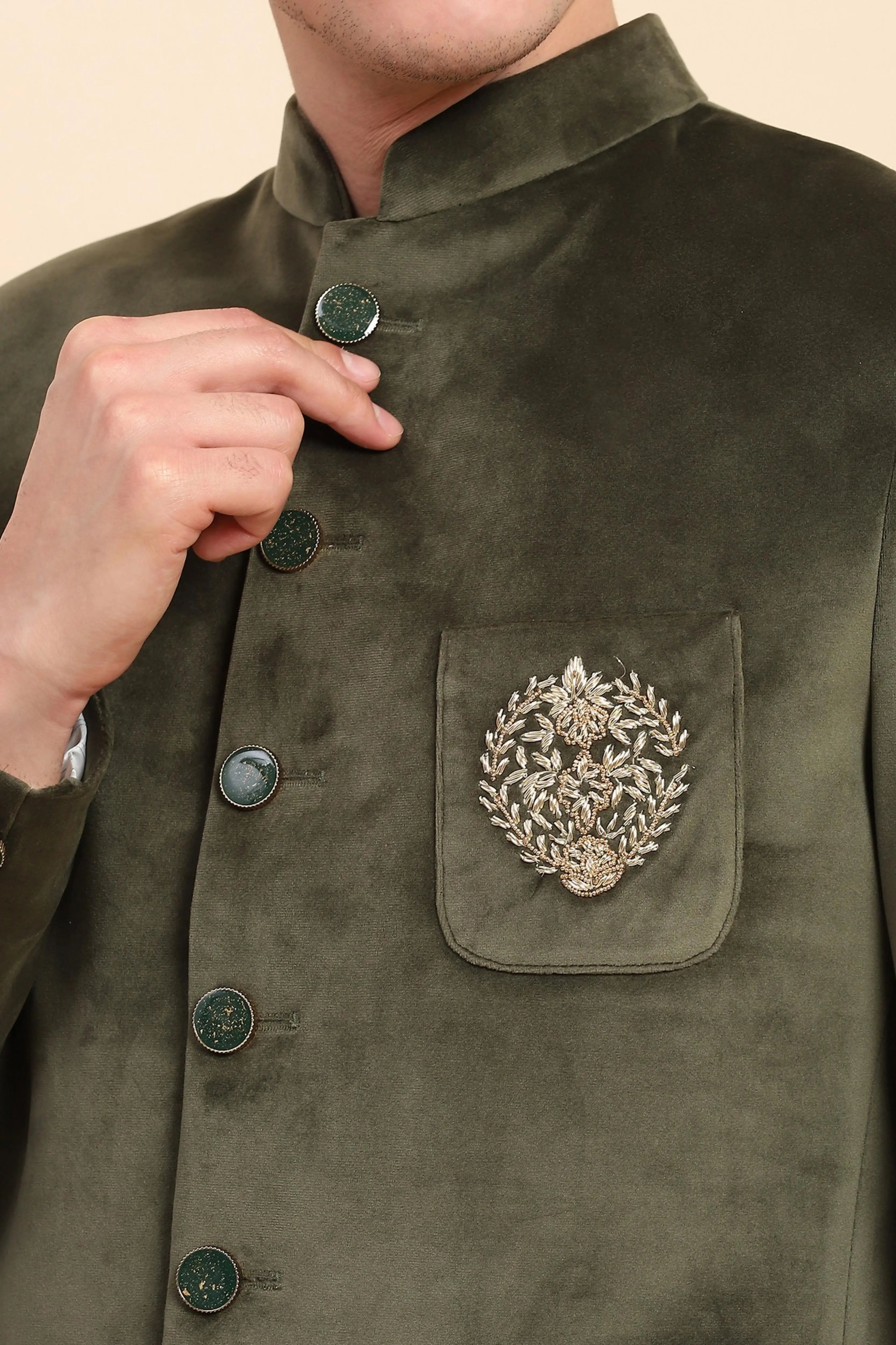 Olive Velvet Zari Embroidered Coat - Global Republic