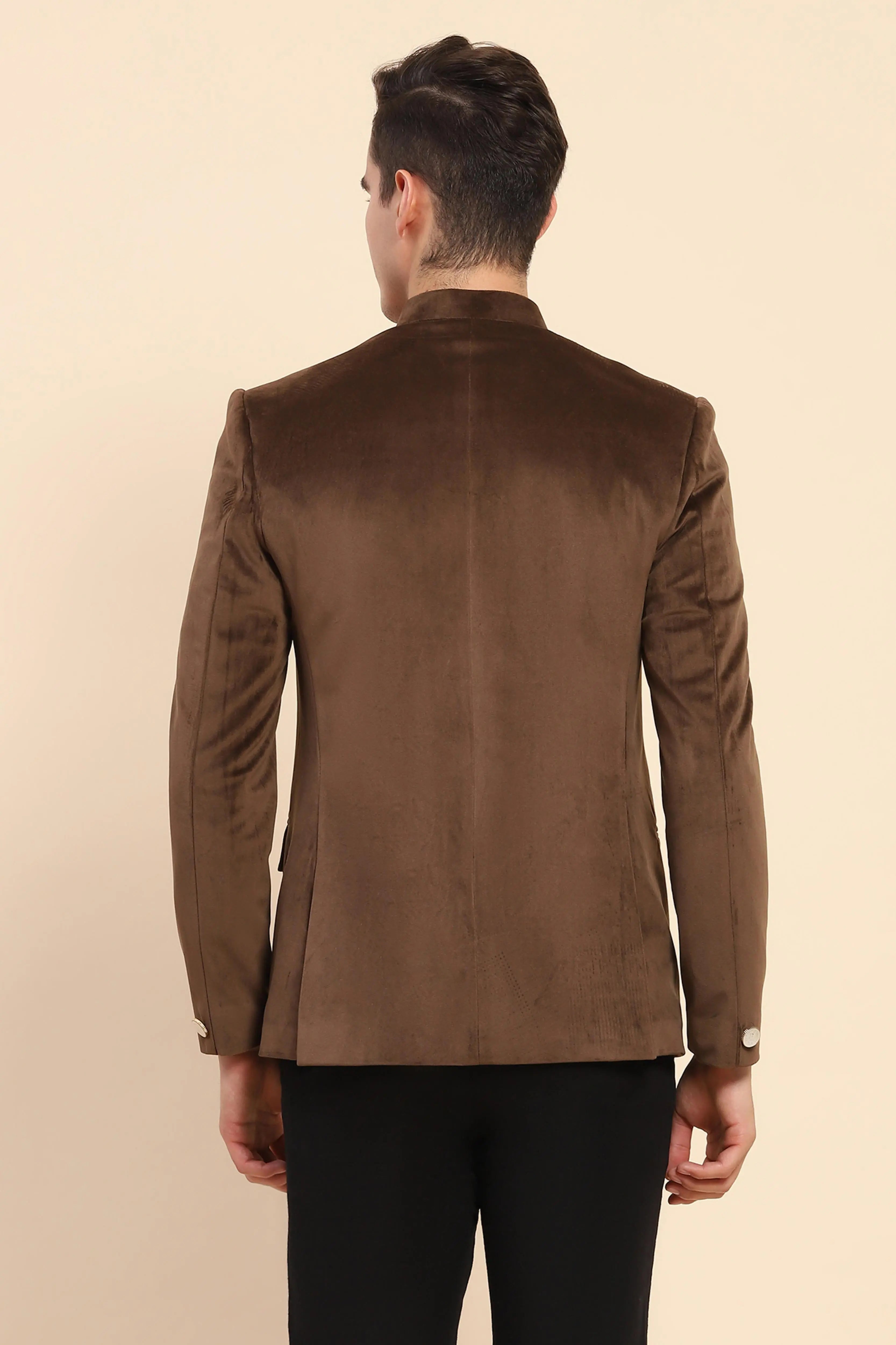 Brown Velvet Zari Embroidered Winter Wear Coat - Global Republic