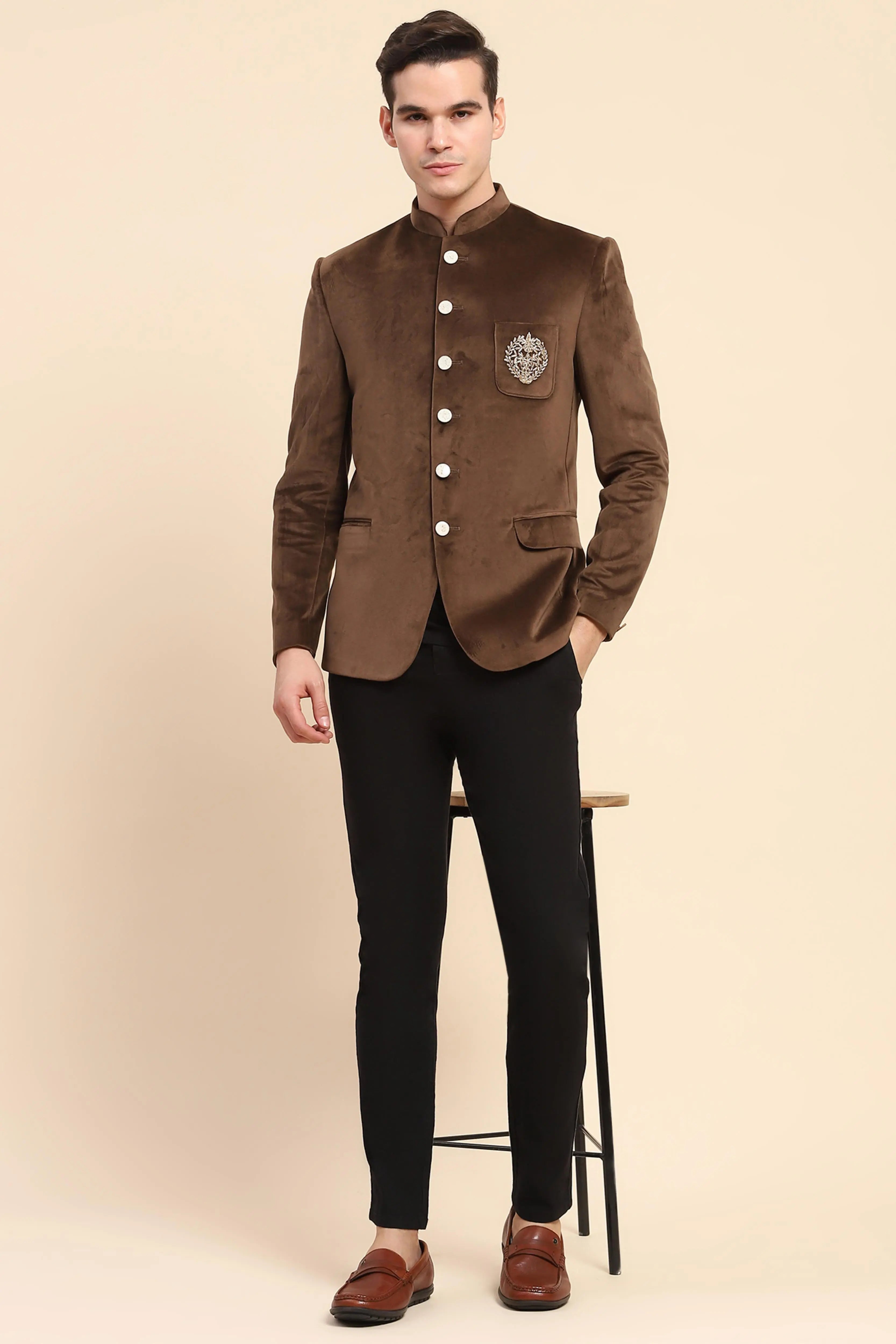 Brown Velvet Zari Embroidered Winter Wear Coat - Global Republic
