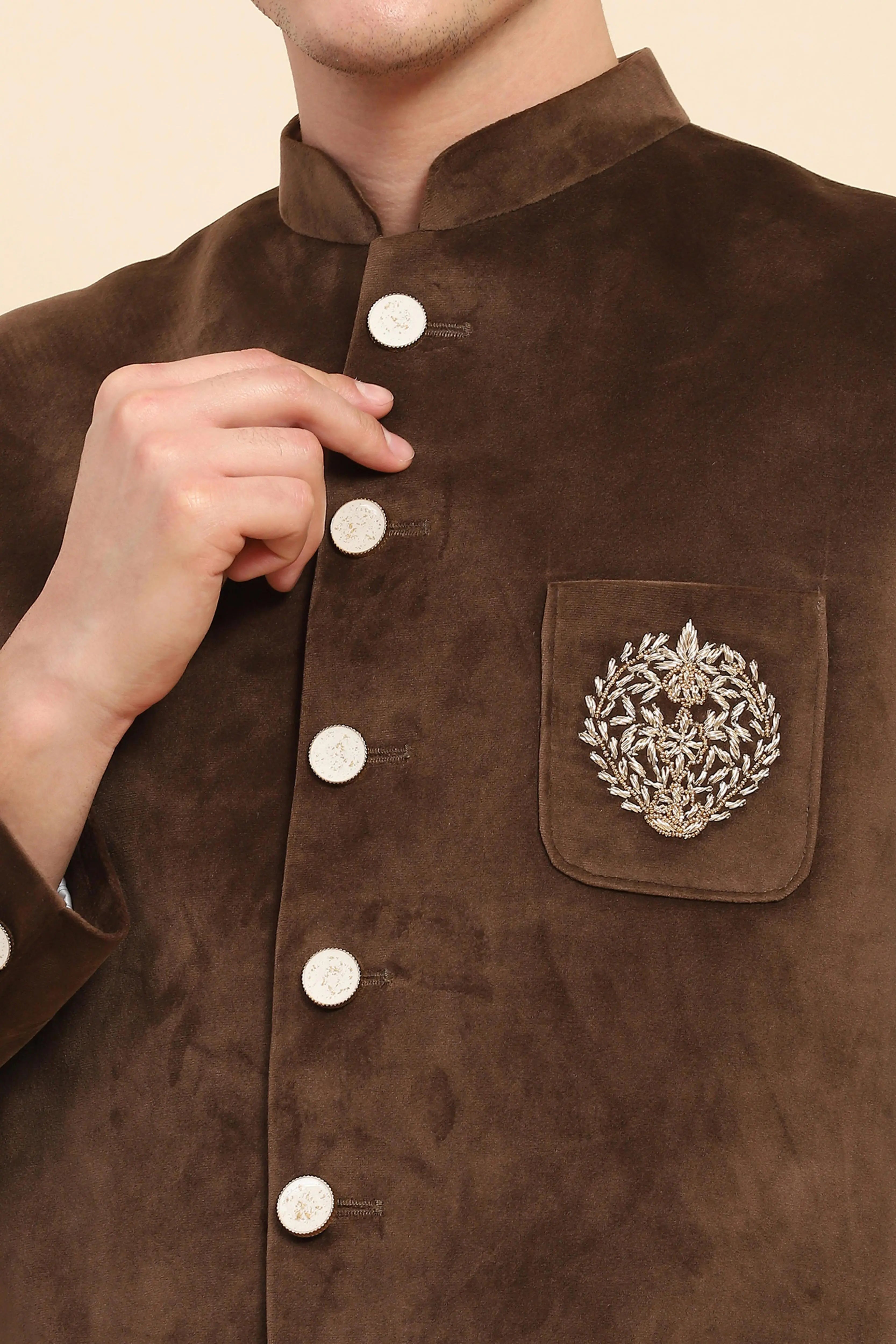 Brown Velvet Zari Embroidered Winter Wear Coat - Global Republic
