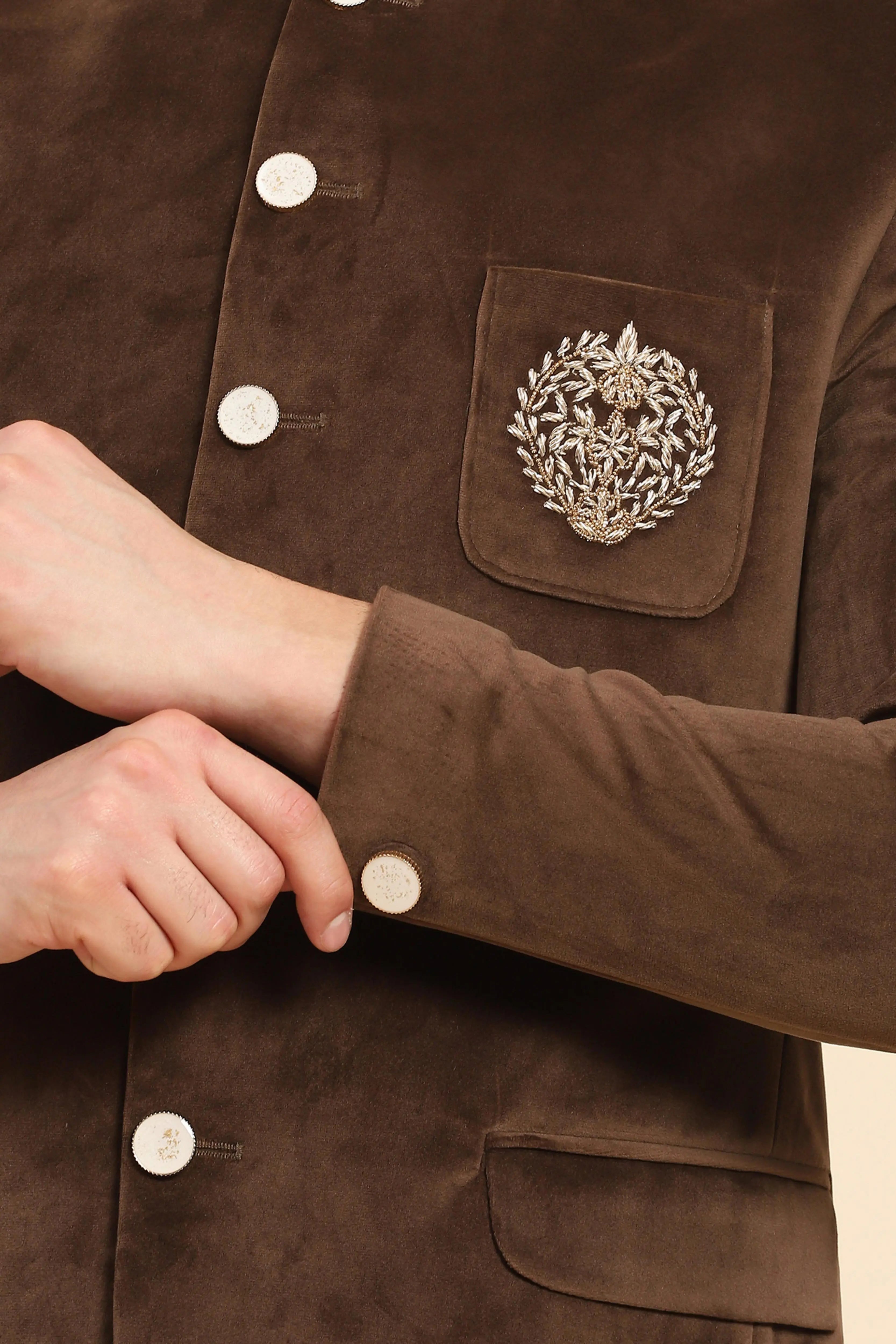 Brown Velvet Zari Embroidered Winter Wear Coat - Global Republic