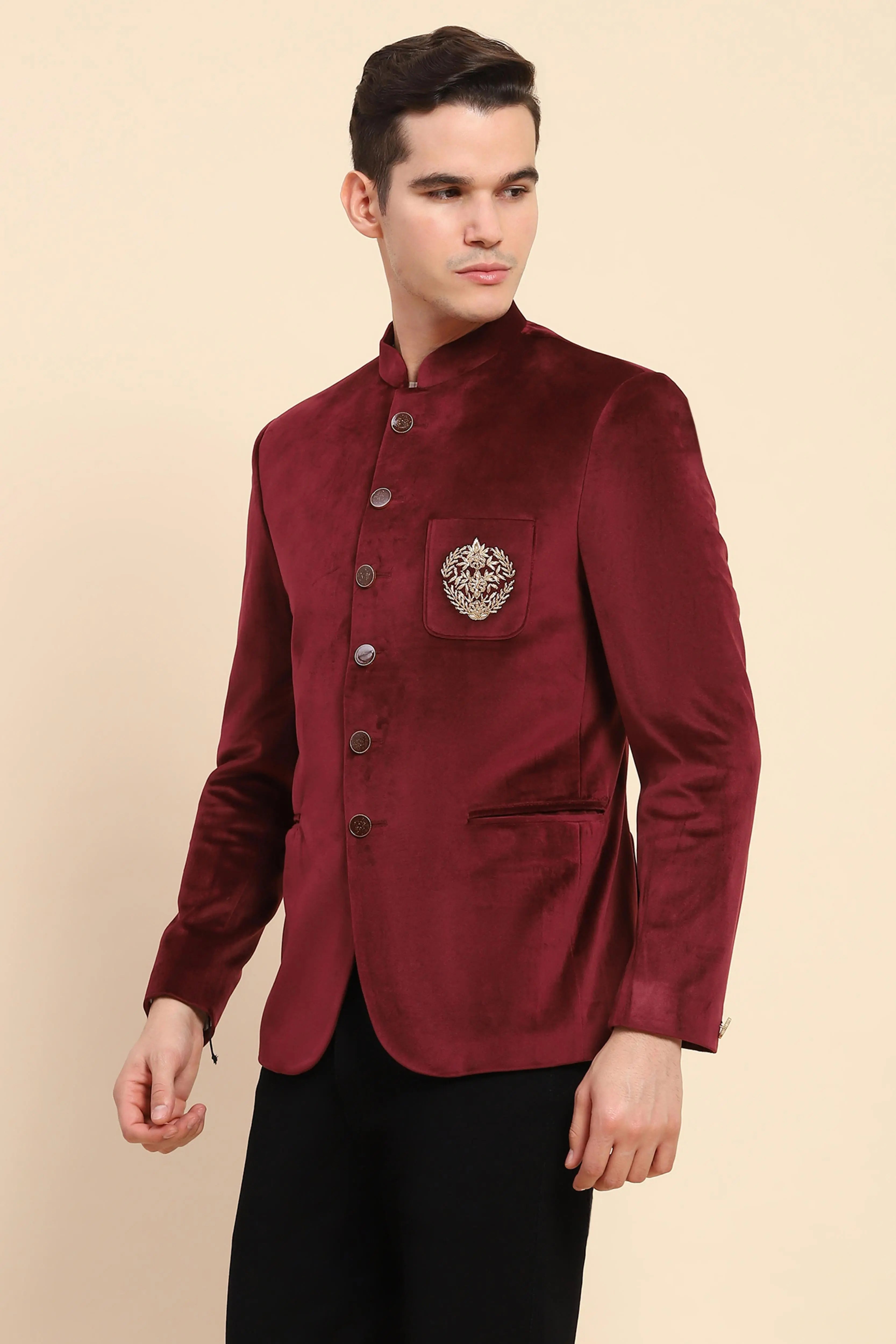 Maroon Velvet Zari Embroidered Coat - Global Republic