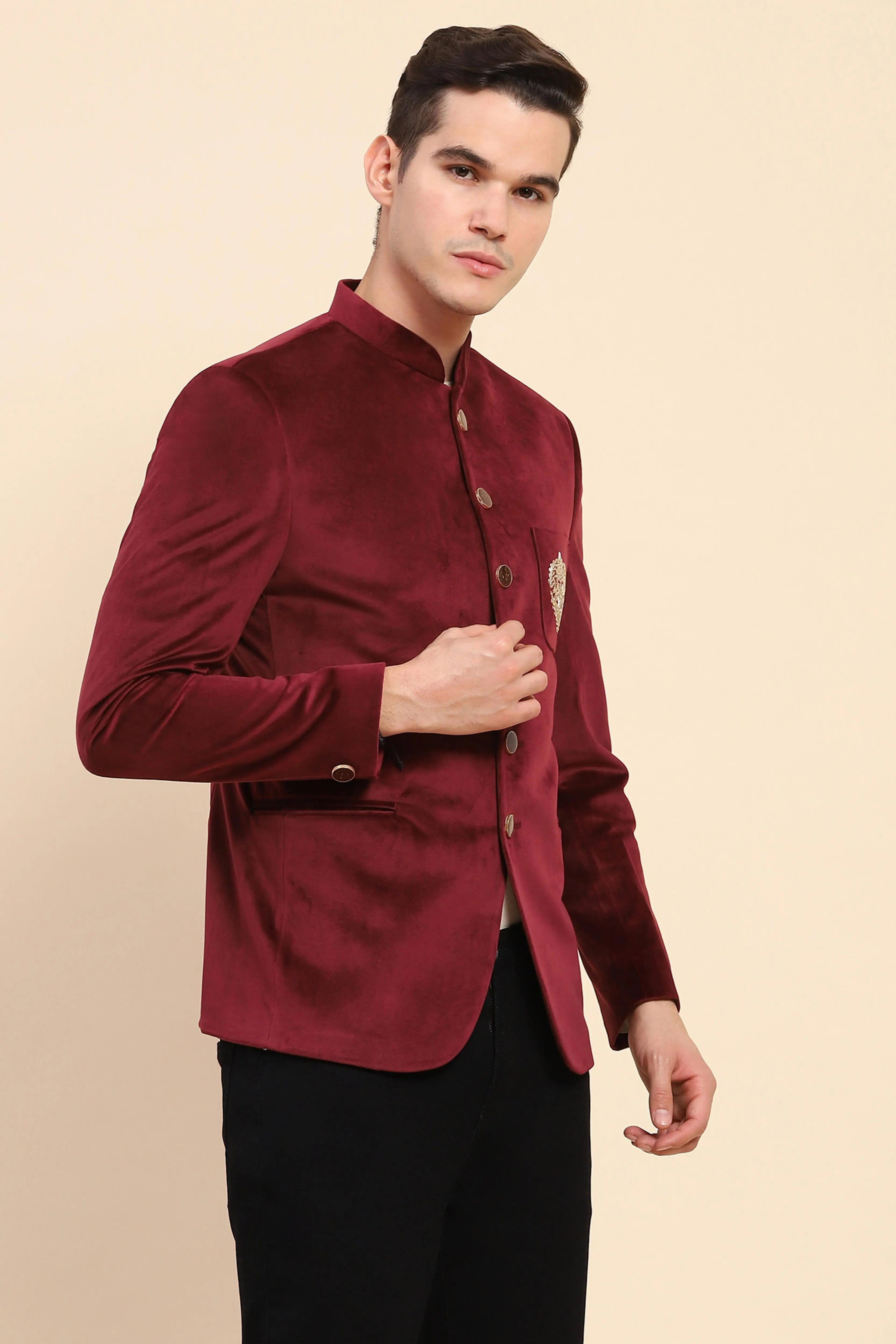Maroon Velvet Zari Embroidered Coat - Global Republic