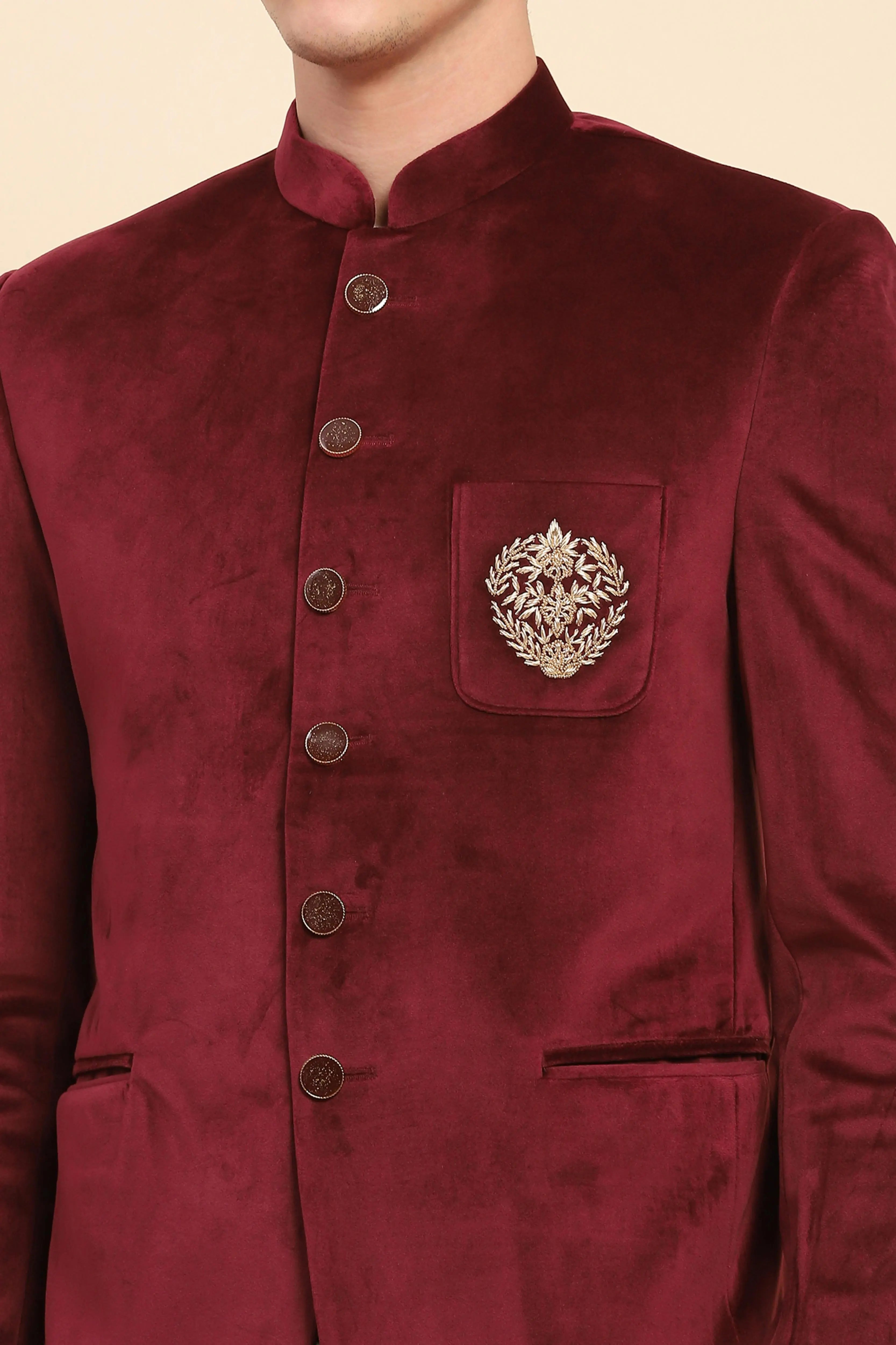 Maroon Velvet Zari Embroidered Coat - Global Republic