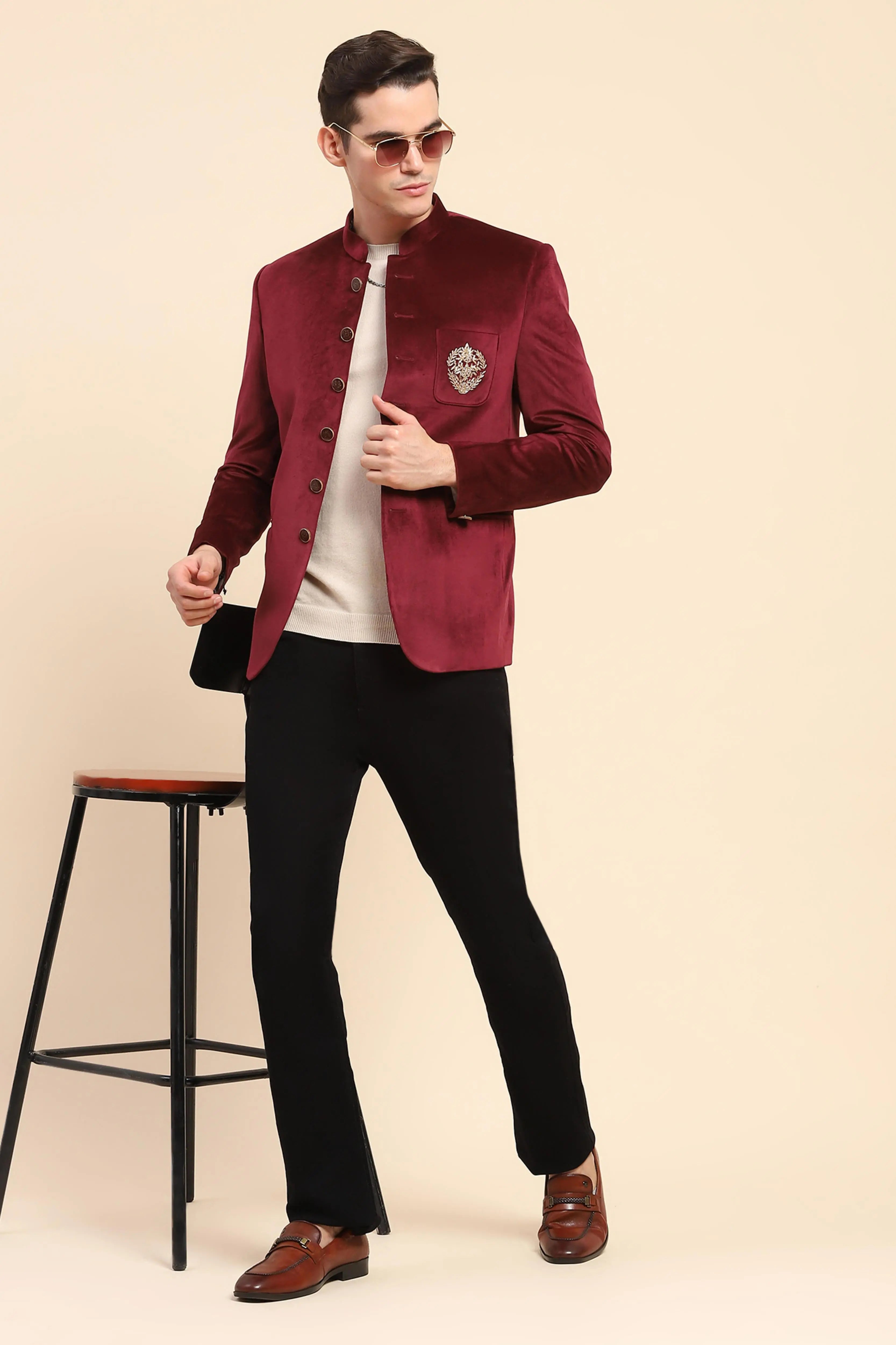 Maroon Velvet Zari Embroidered Coat - Global Republic