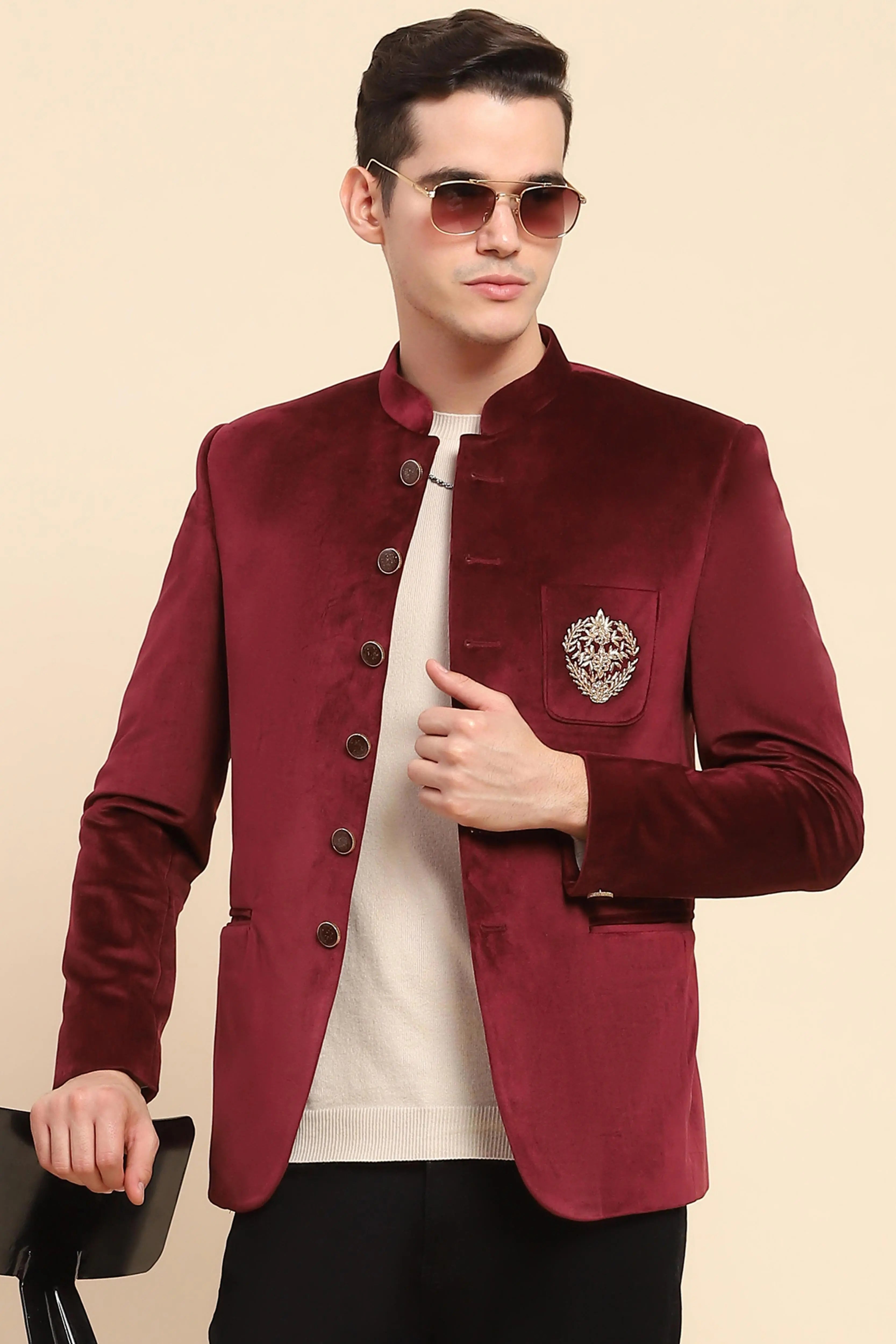 Maroon Velvet Zari Embroidered Coat - Global Republic