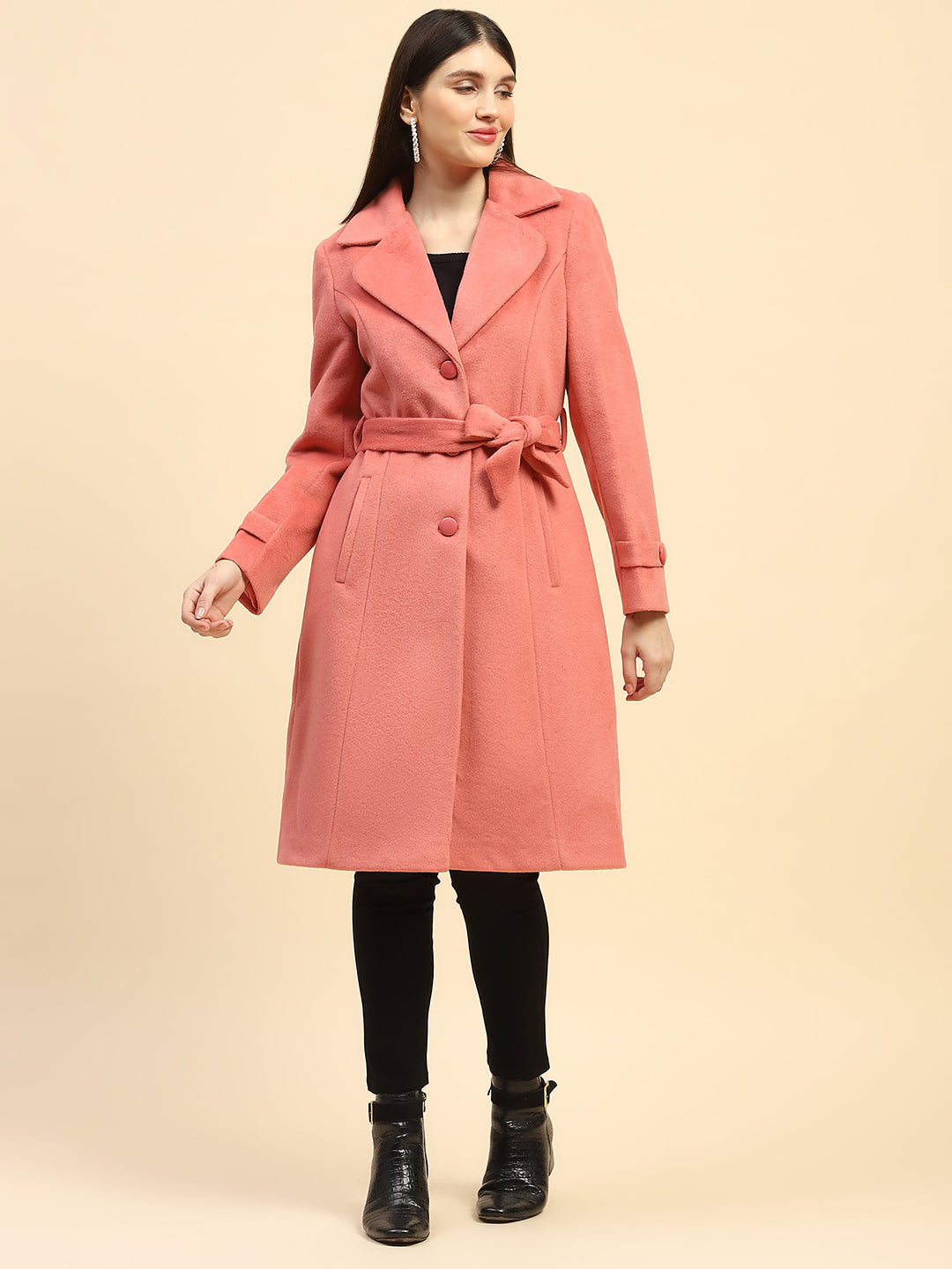 Hot Coral Solid  Long Coat - Global Republic