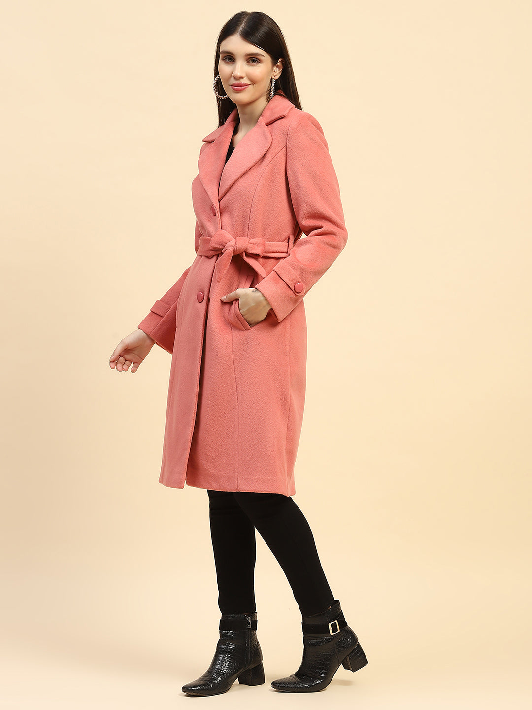 Hot Coral Solid  Long Coat - Global Republic