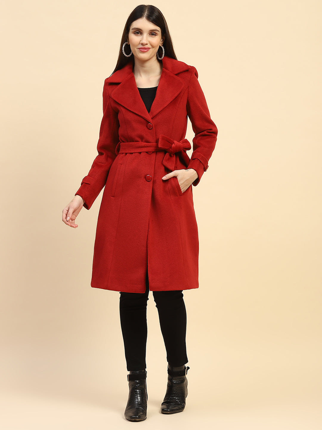 Maroon Solid  Long Winter Coat - Global Republic