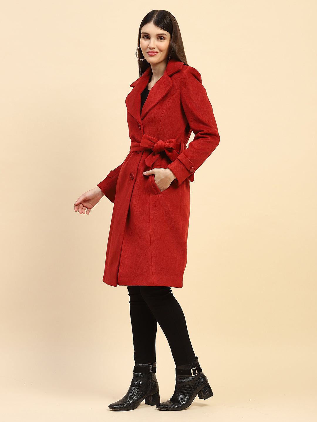 Maroon Solid Long Winter Coat - Global Republic