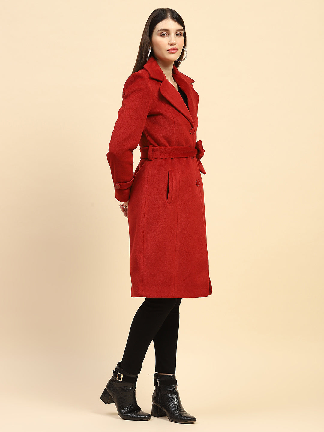 Maroon Solid Long Winter Coat - Global Republic