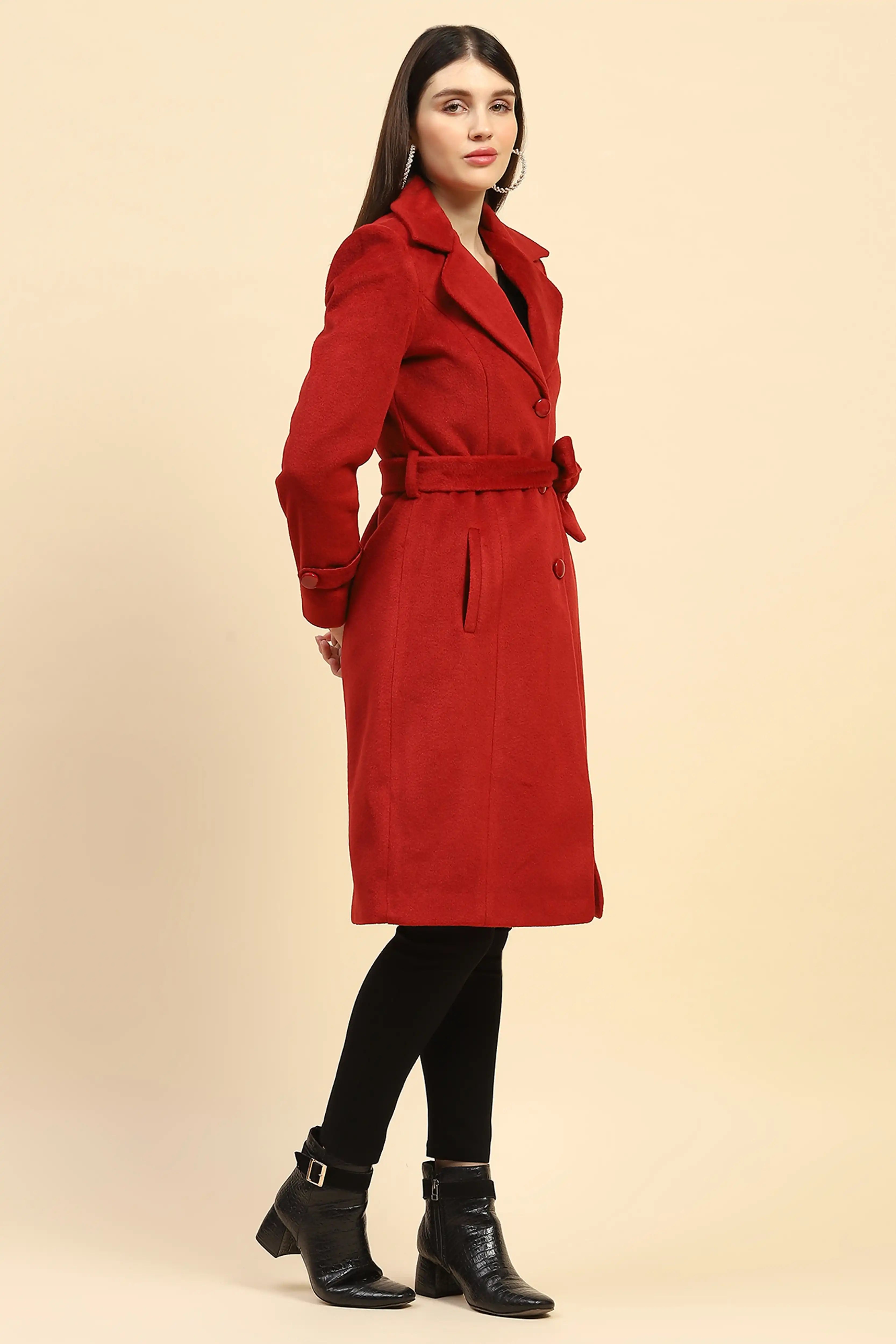 Maroon Solid Long Winter Coat