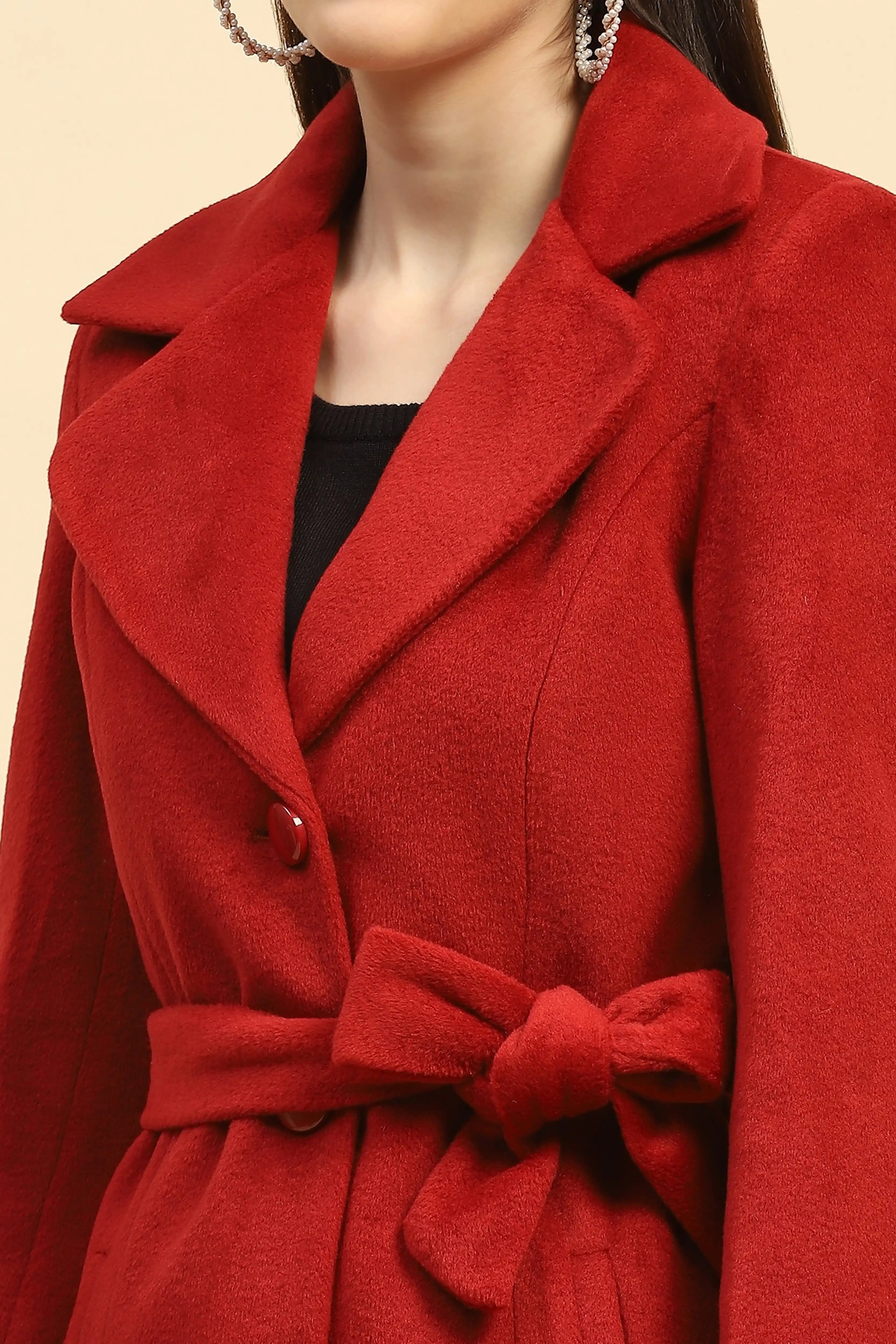 Maroon Solid Long Winter Coat