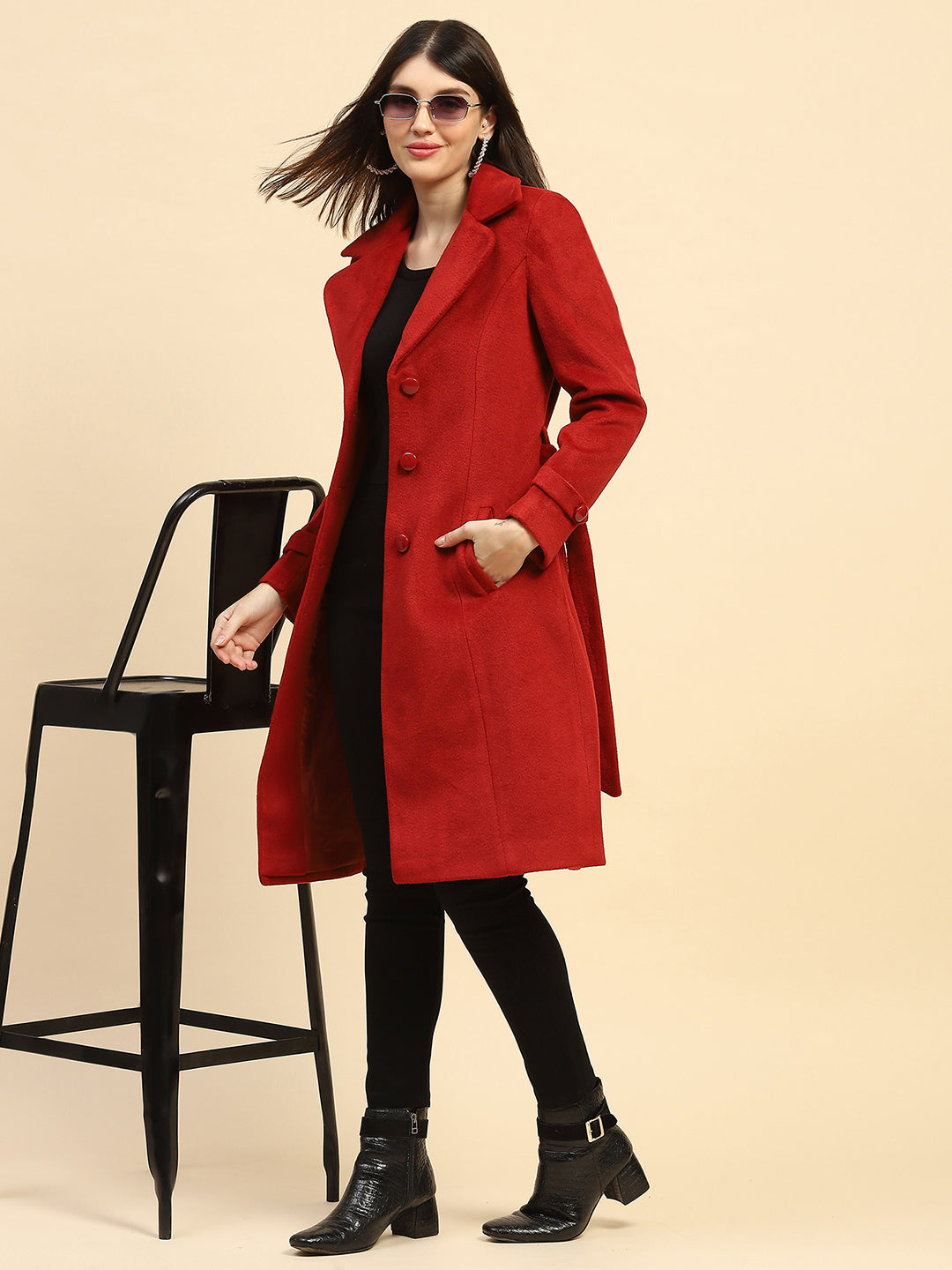 Maroon Solid Long Winter Coat - Global Republic