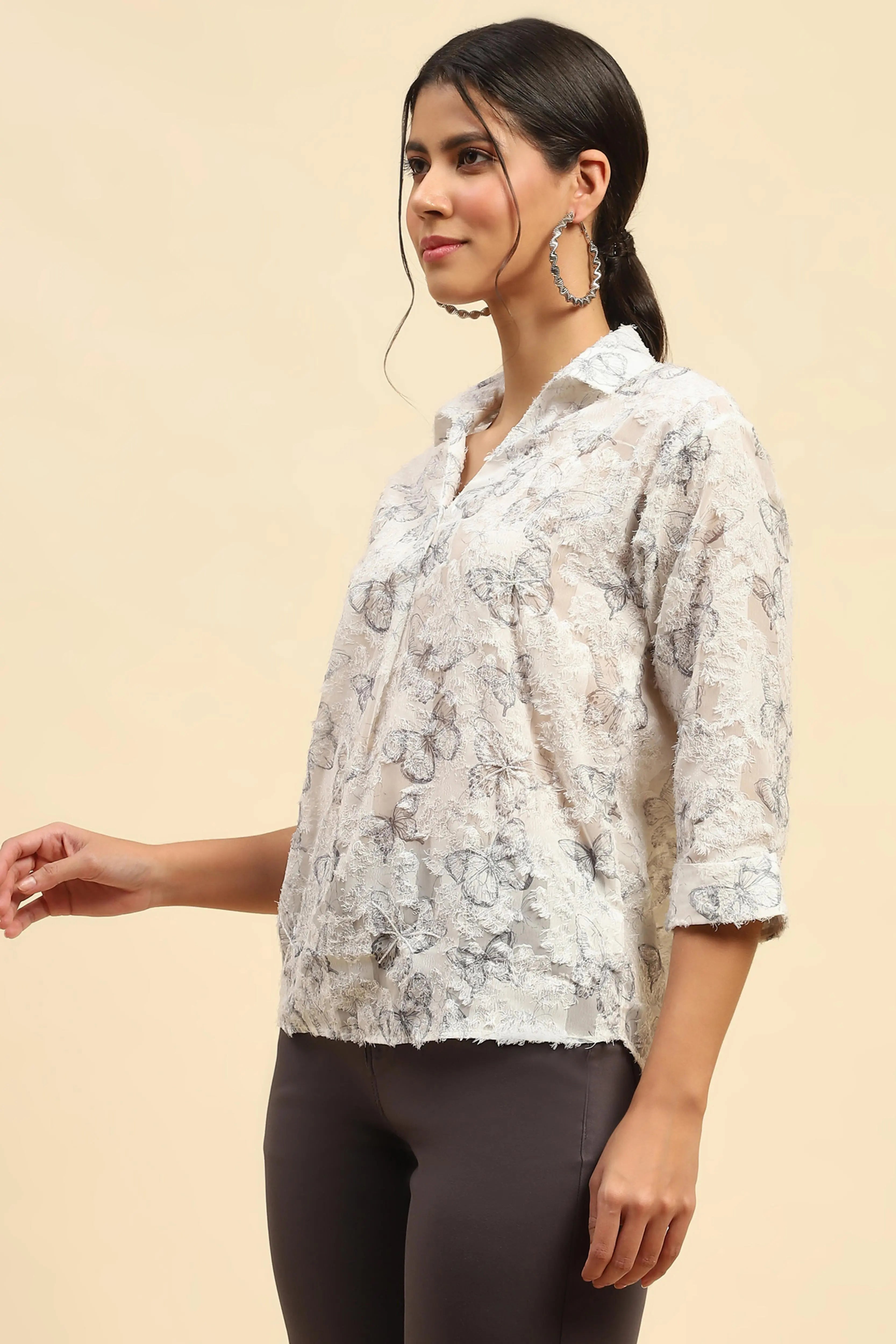 White Butterfly Print Top - Global Republic