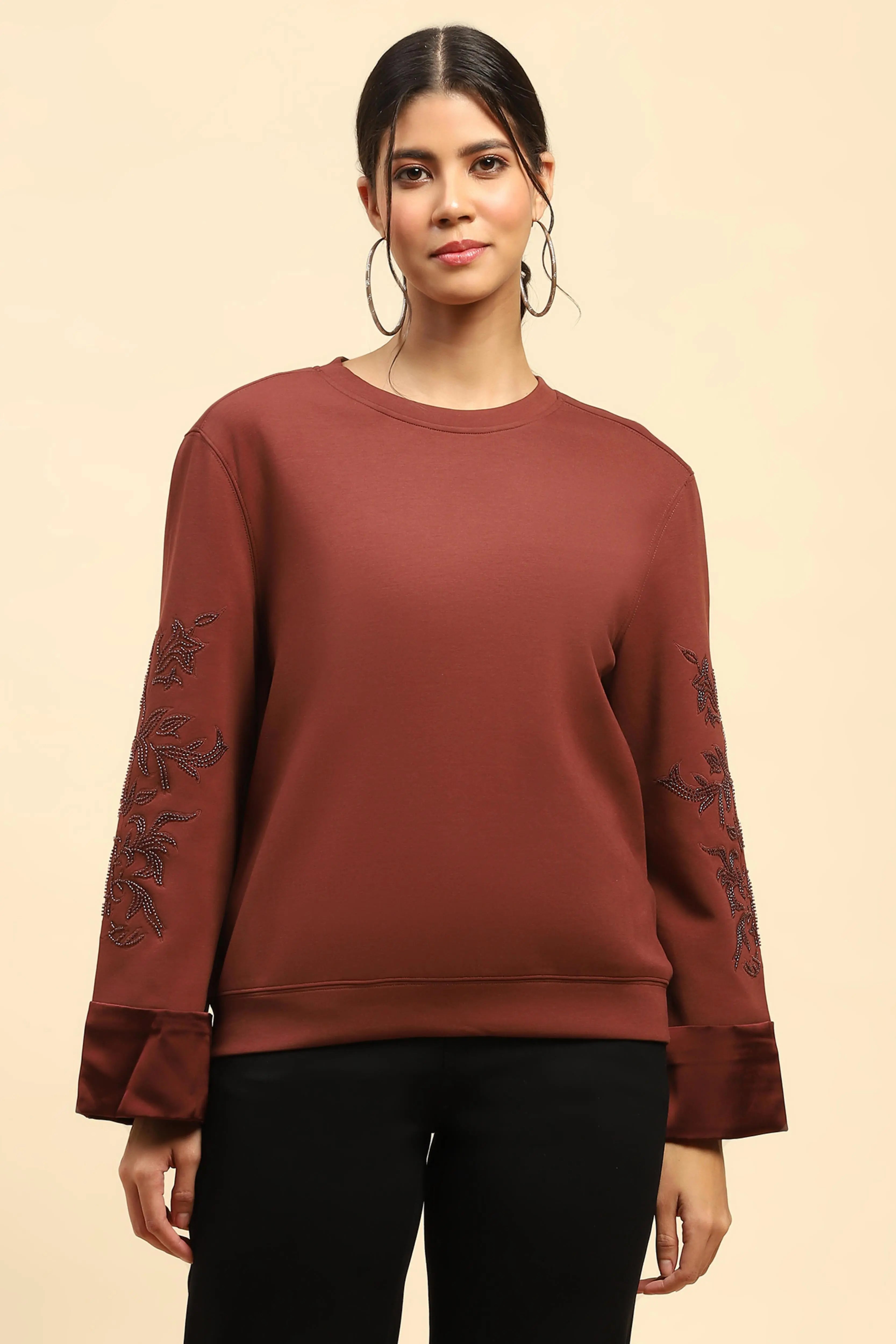Brick Red Embellished Sweatshirt - Global Republic
