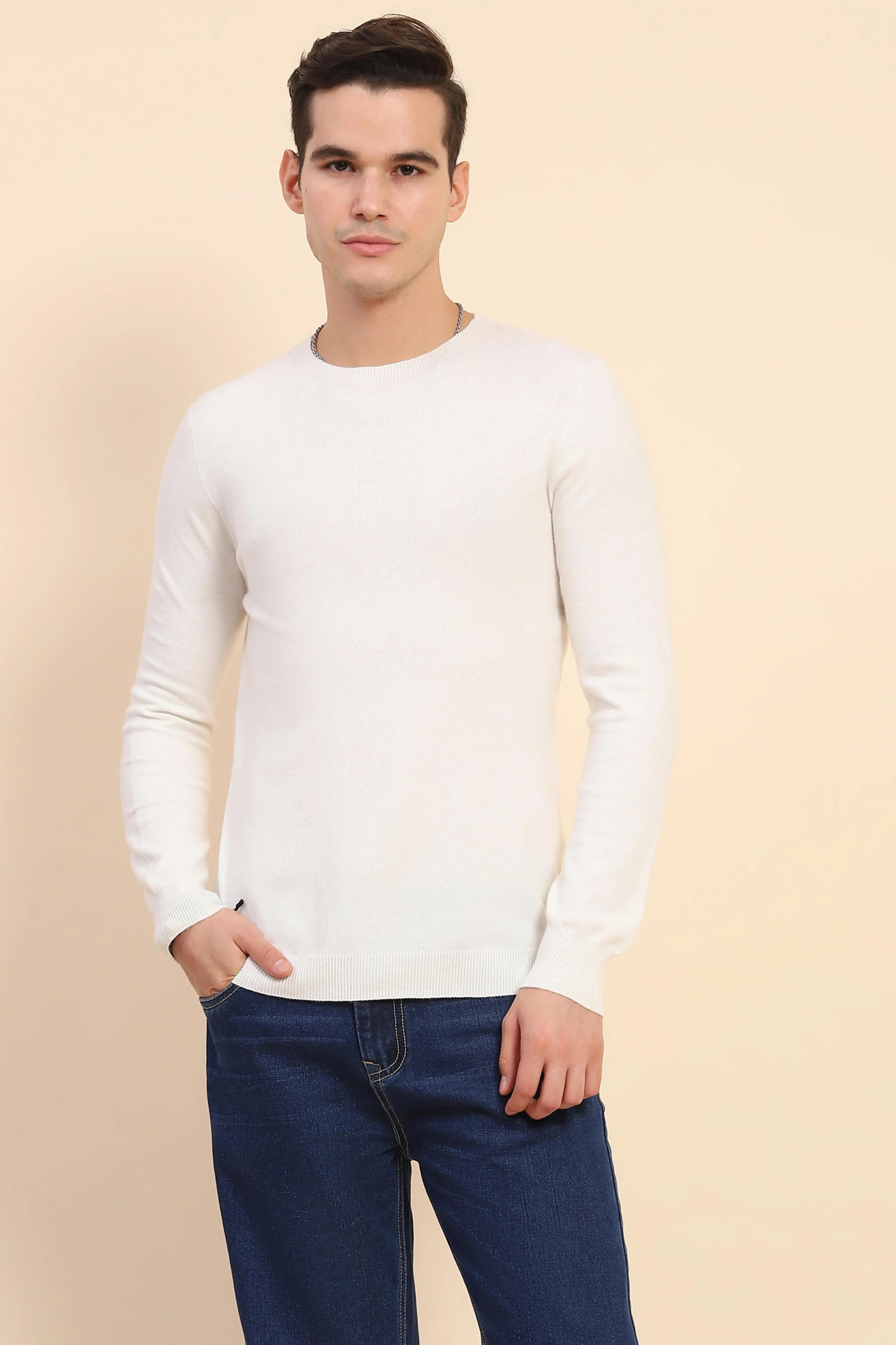 Off White Solid Wool Blend Pullover - Global Republic