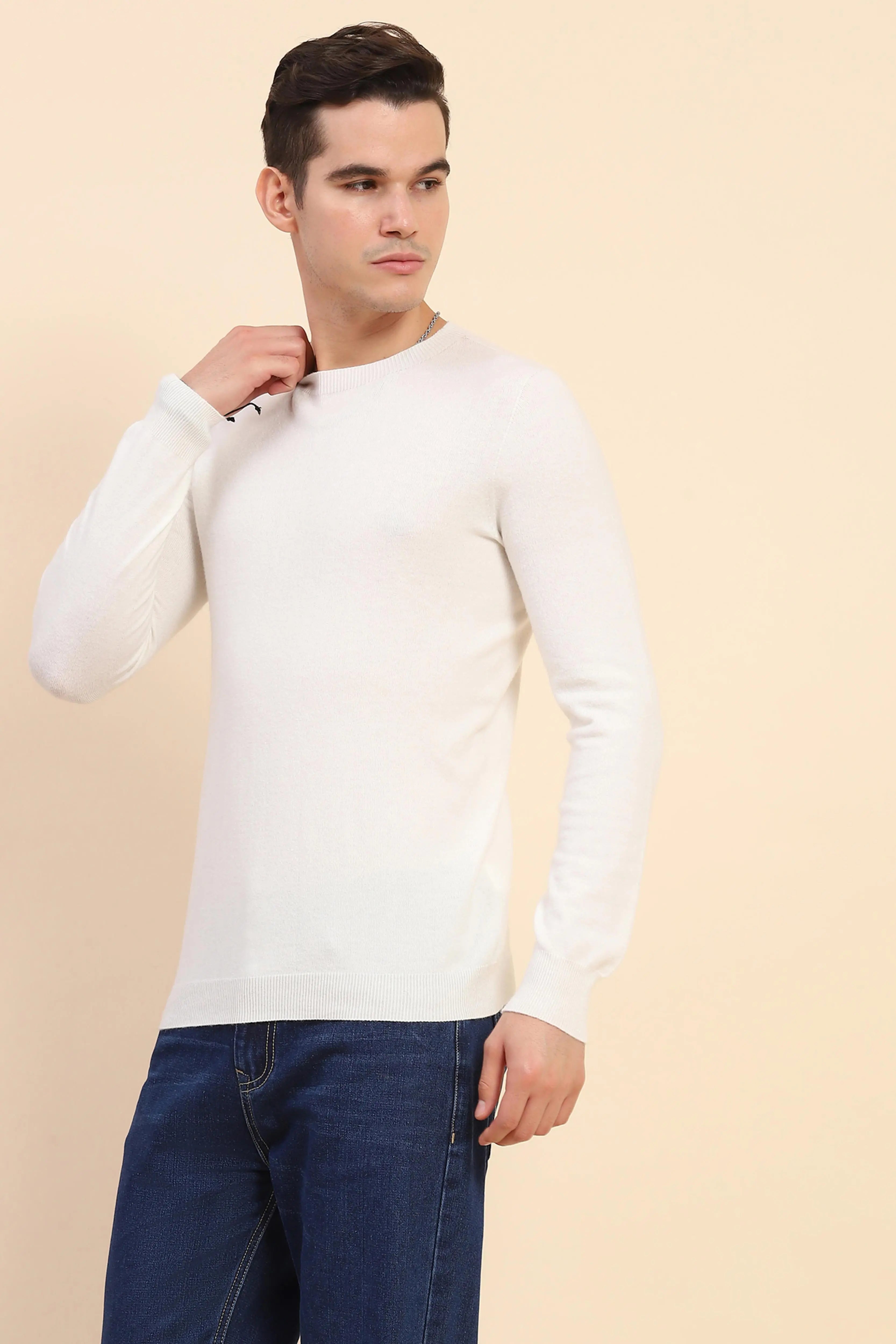 Off White Solid Wool Blend Pullover - Global Republic