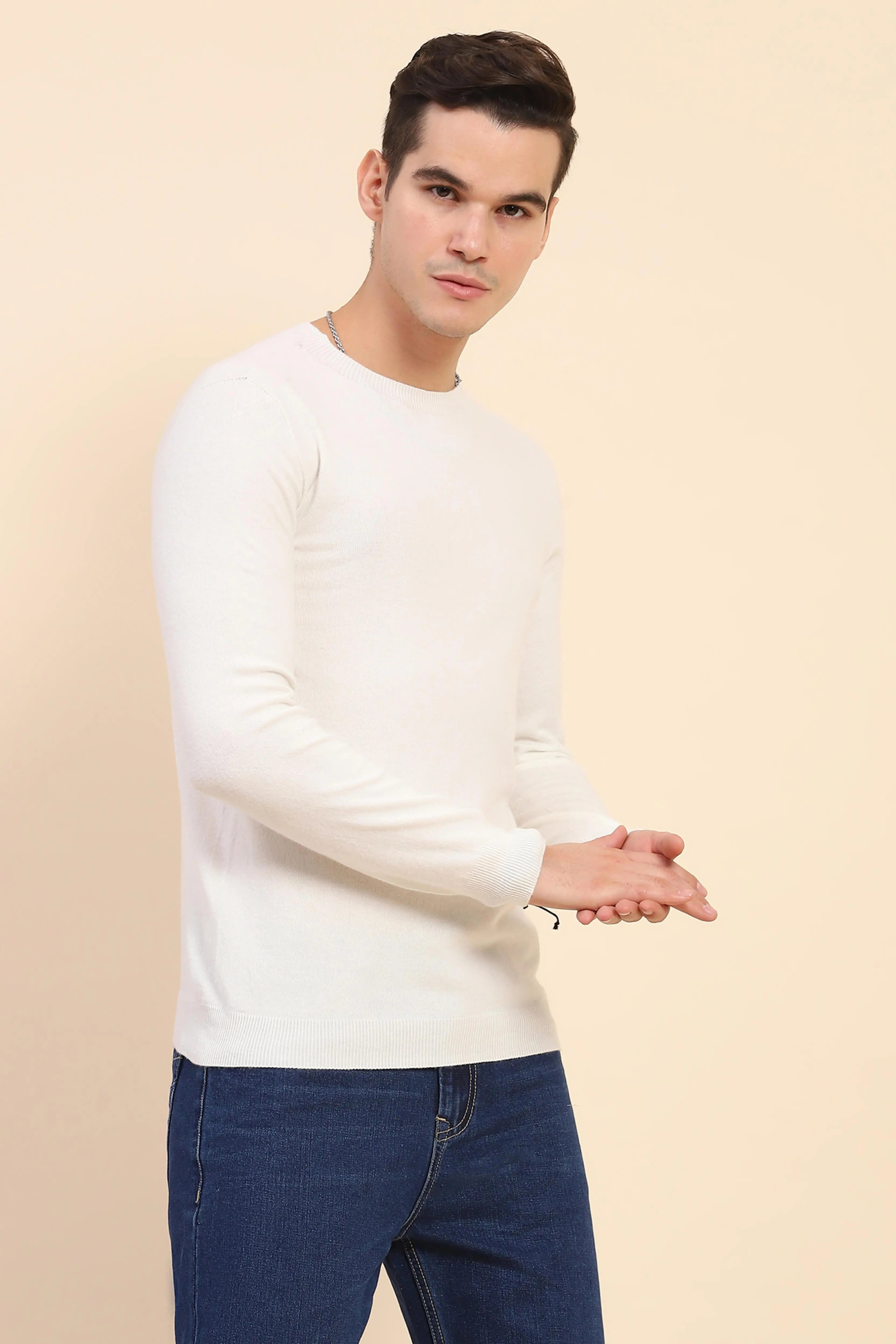 Off White Solid Wool Blend Pullover - Global Republic