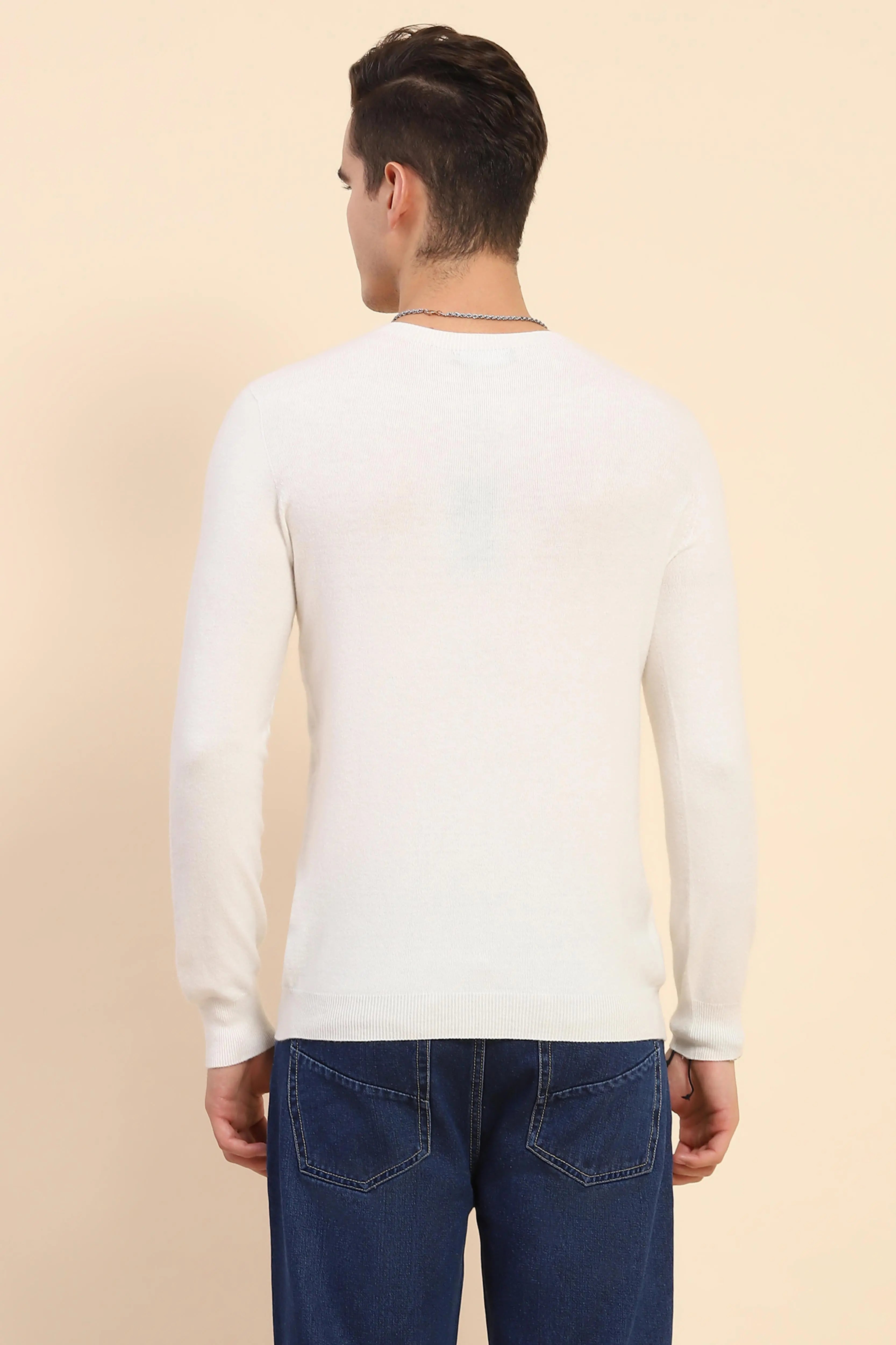 Off White Solid Wool Blend Pullover - Global Republic