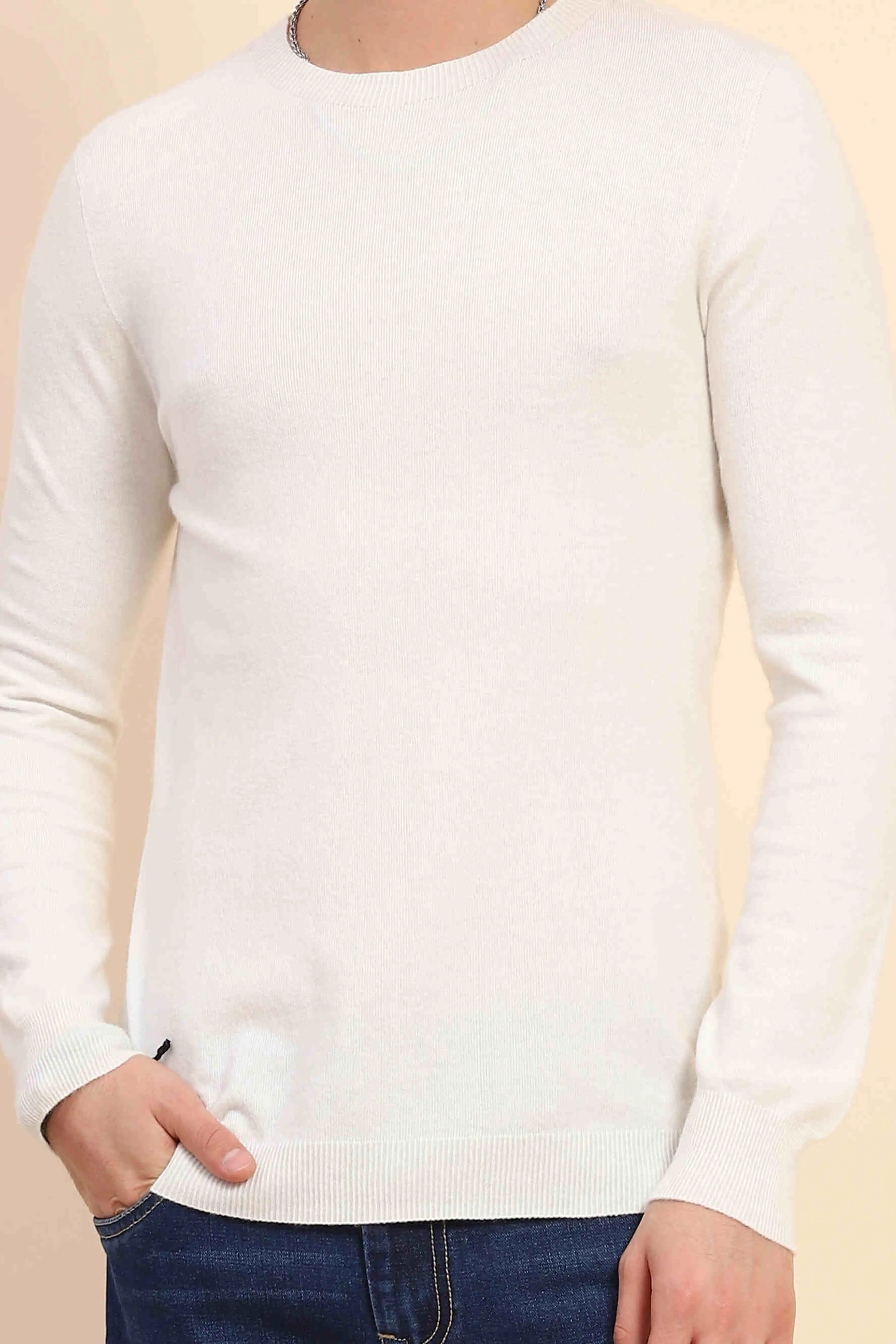 Off White Solid Wool Blend Pullover - Global Republic