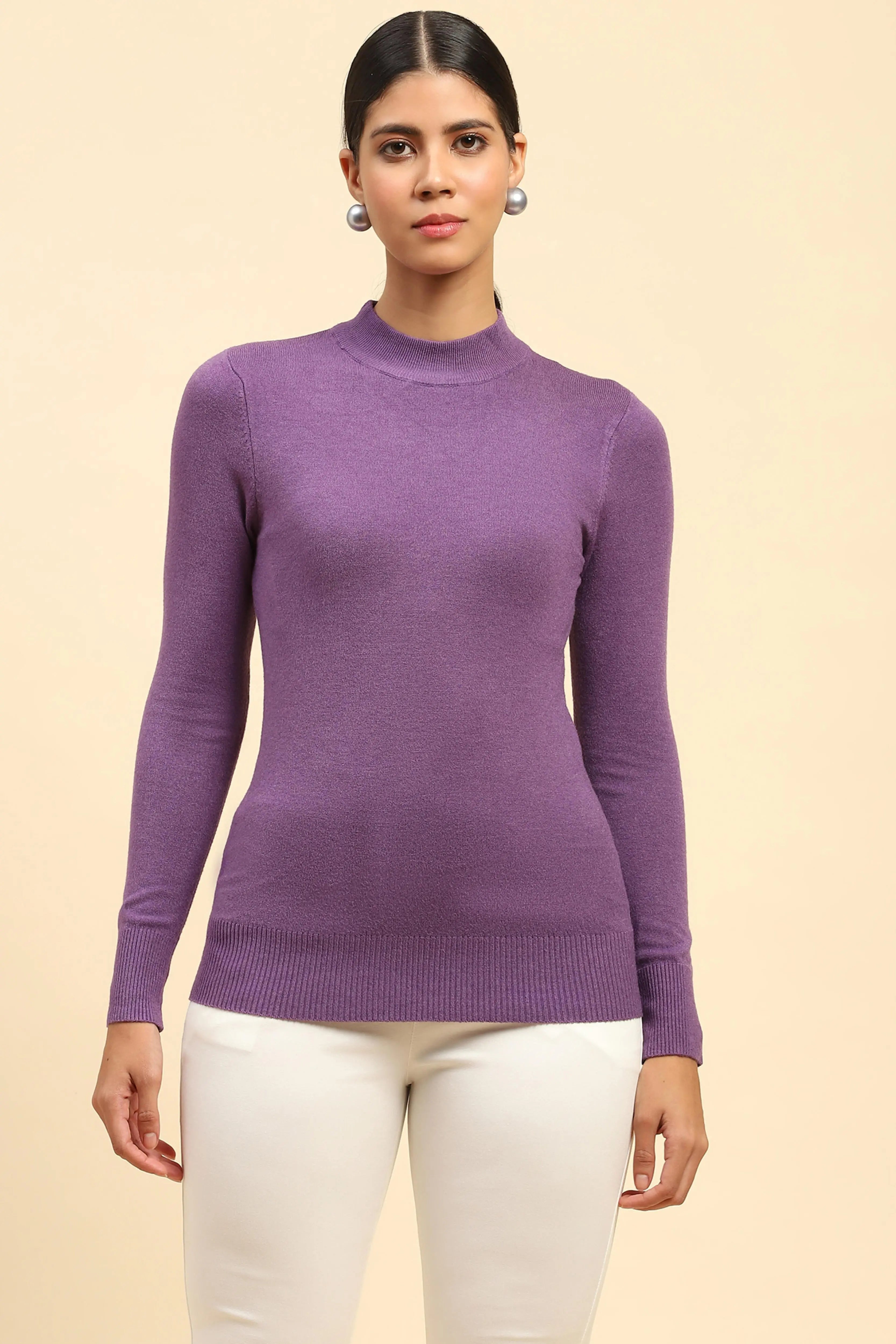 Mauve Solid Wool Blend Pullover - Global Republic