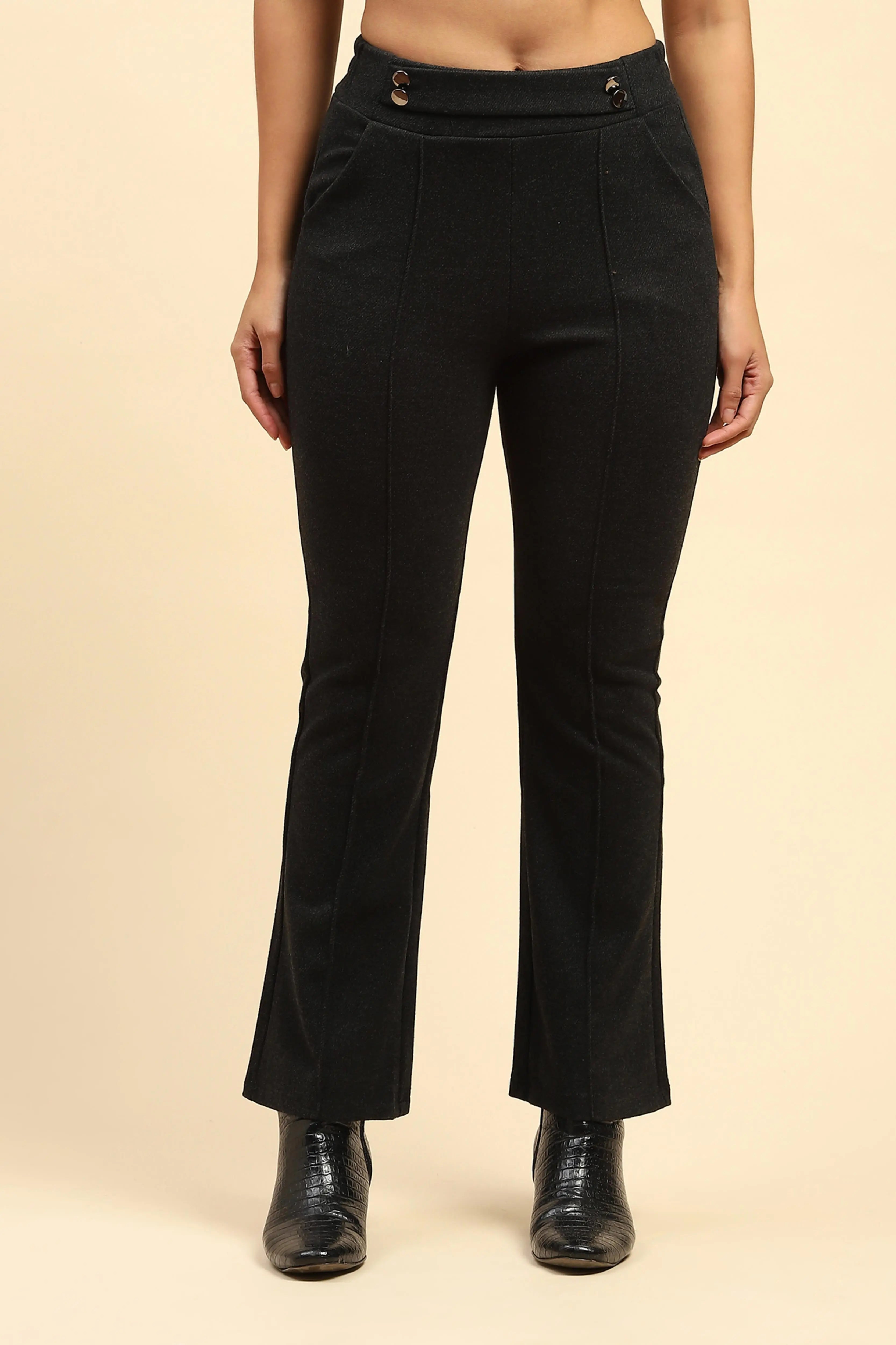 Black Solid  Viscose Winter Trouser - Global Republic