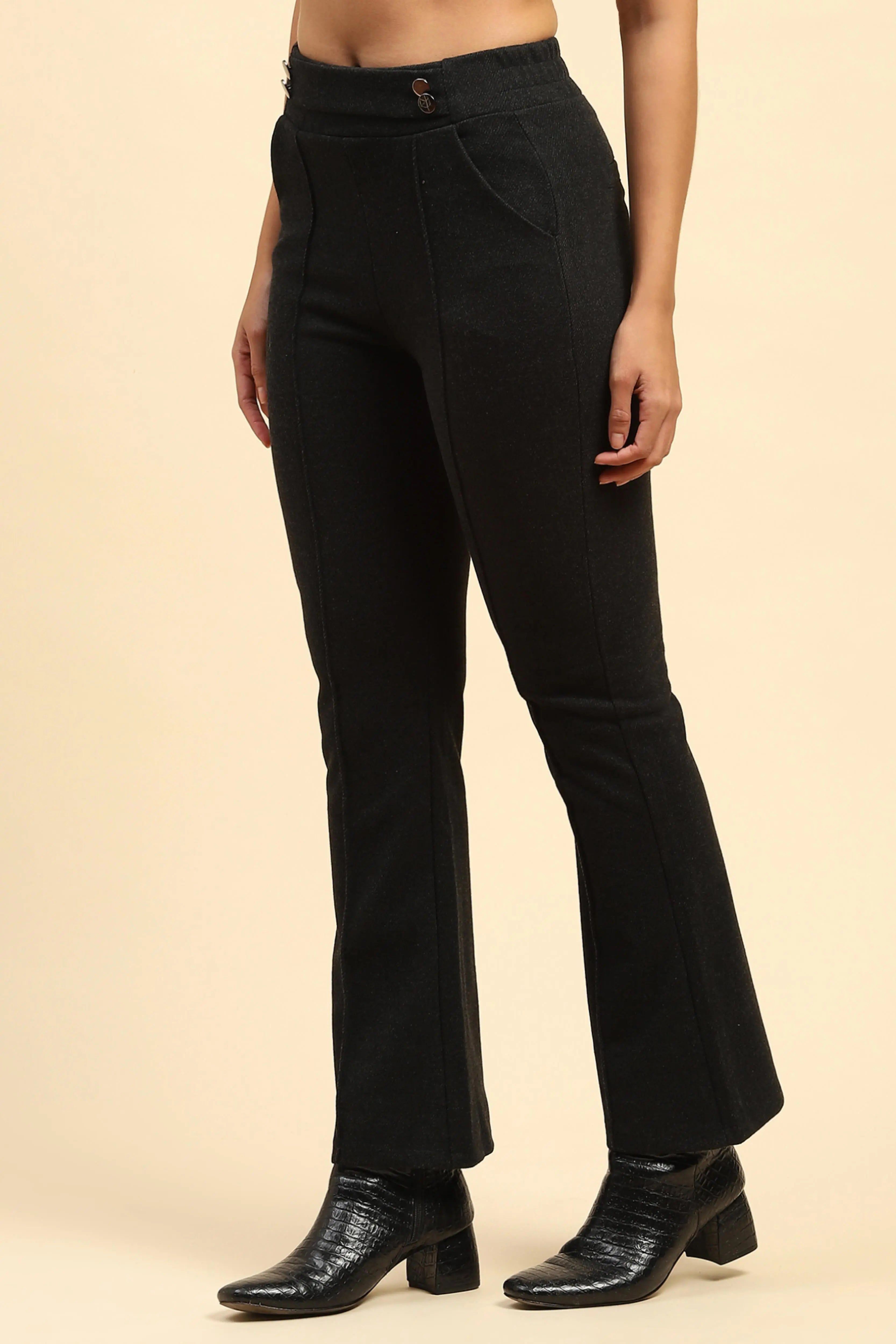 Black Solid  Viscose Winter Trouser - Global Republic