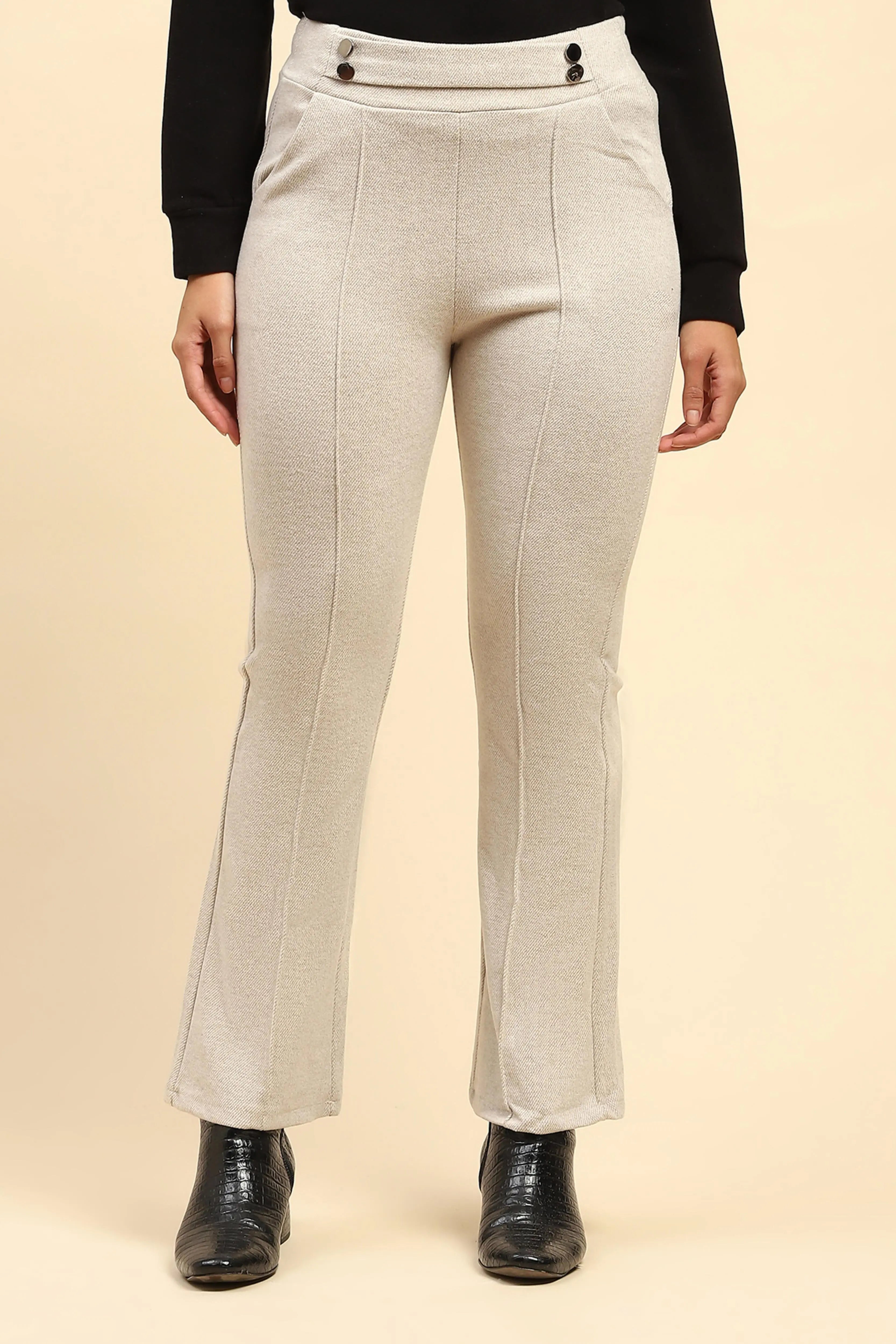 Ecru Solid Viscose Winter Trouser - Global Republic