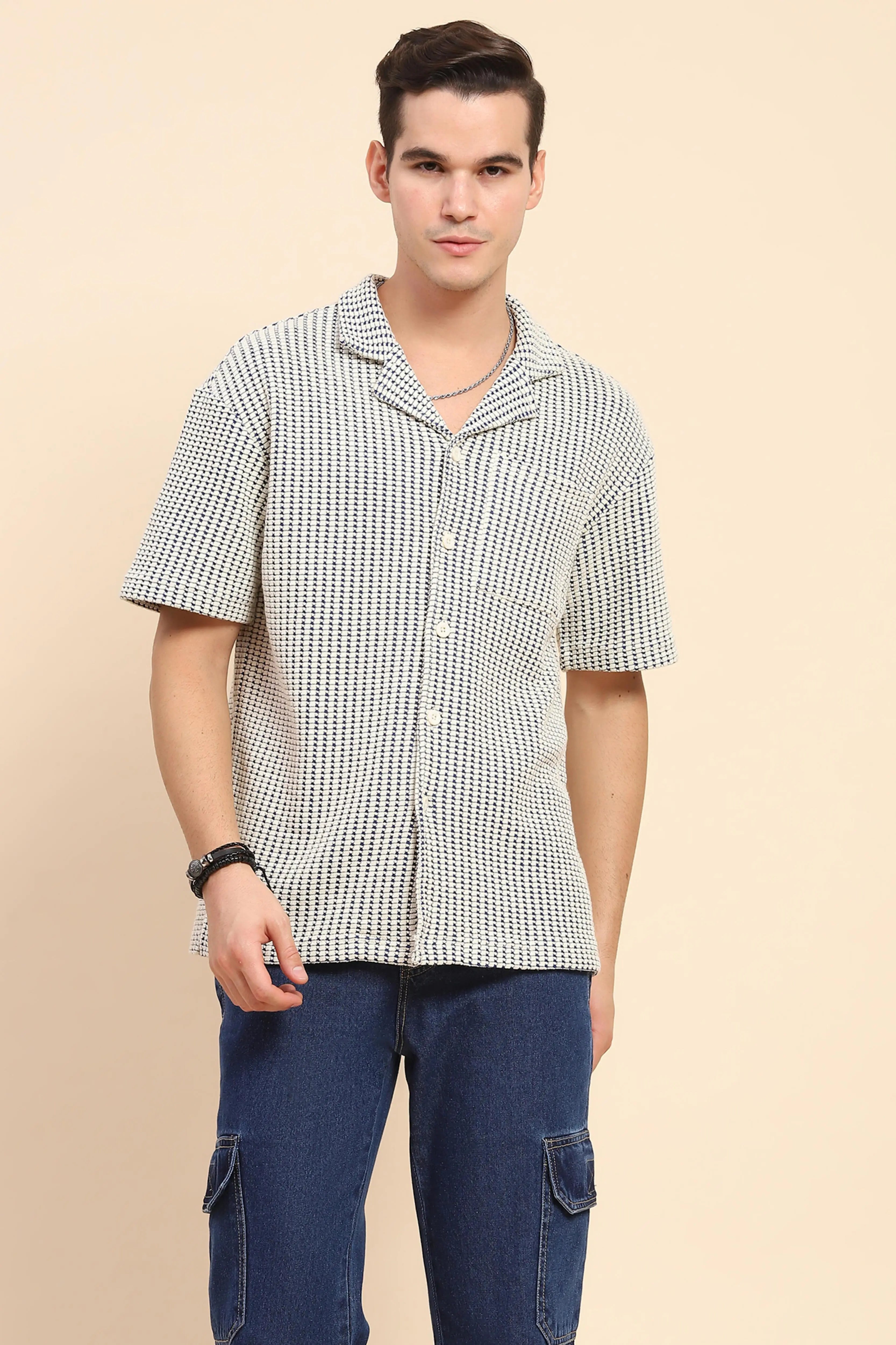 Blue Cotton Textured Casual Shirt - Global Republic