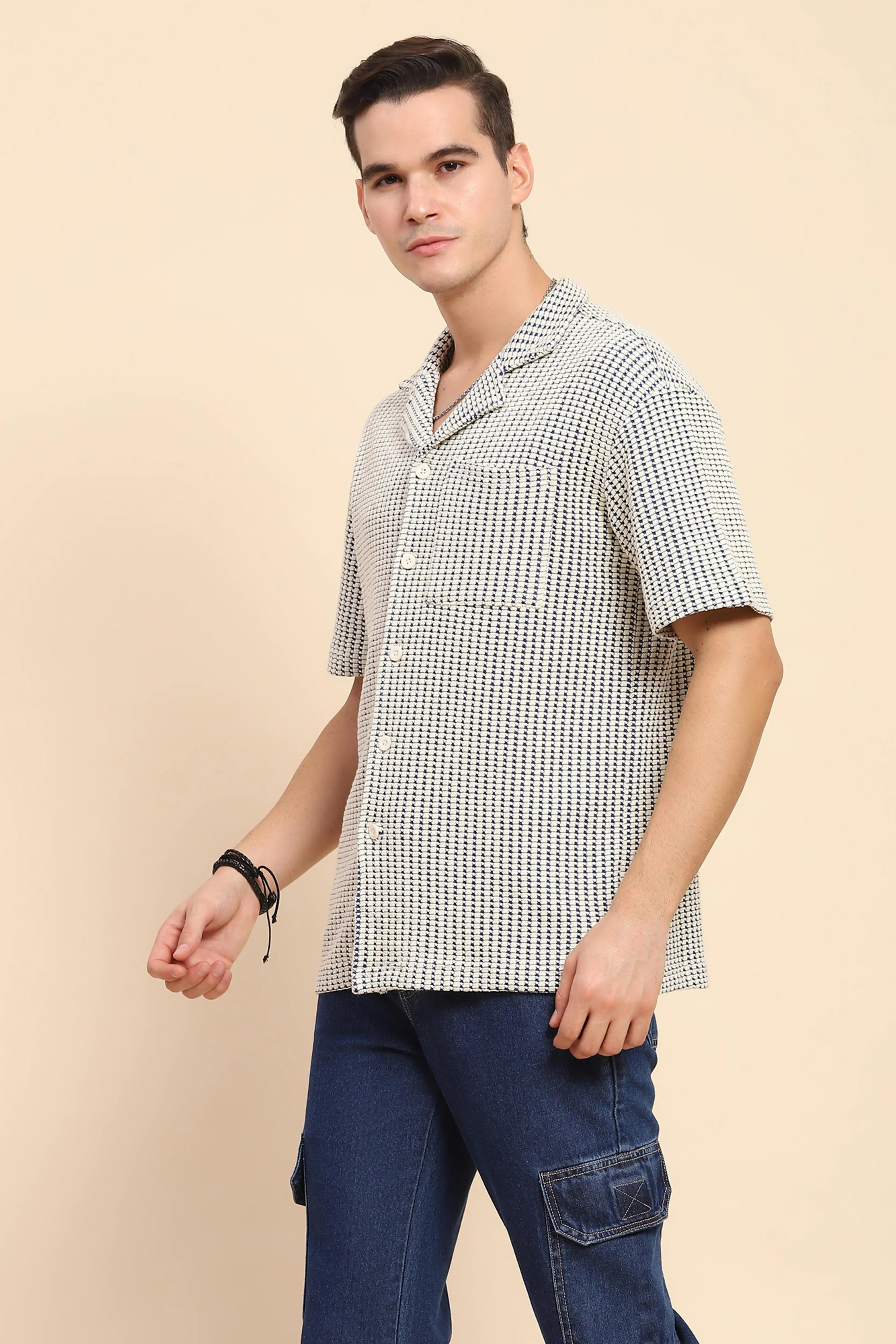 Blue Cotton Textured Casual Shirt - Global Republic