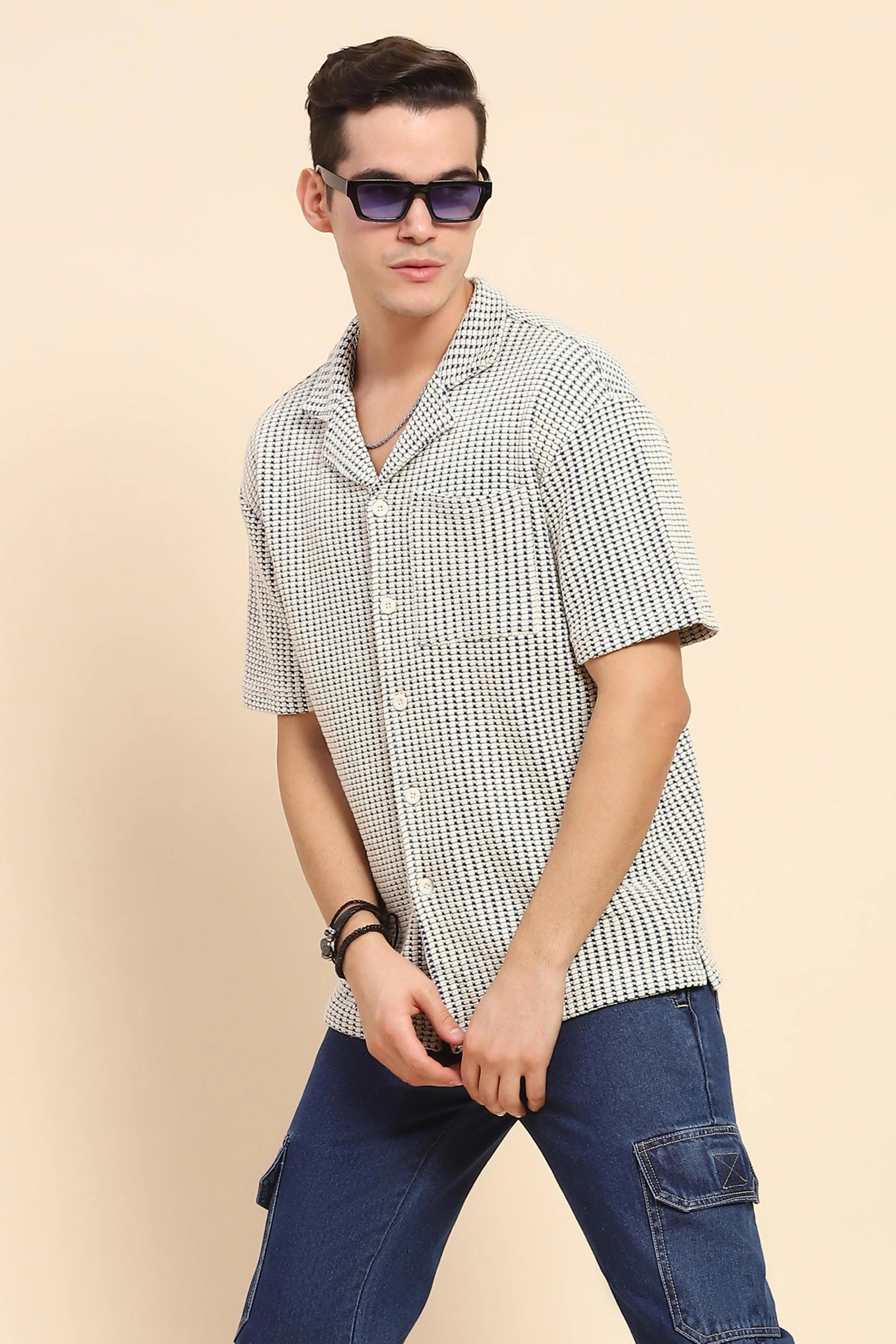 Blue Cotton Textured Casual Shirt - Global Republic