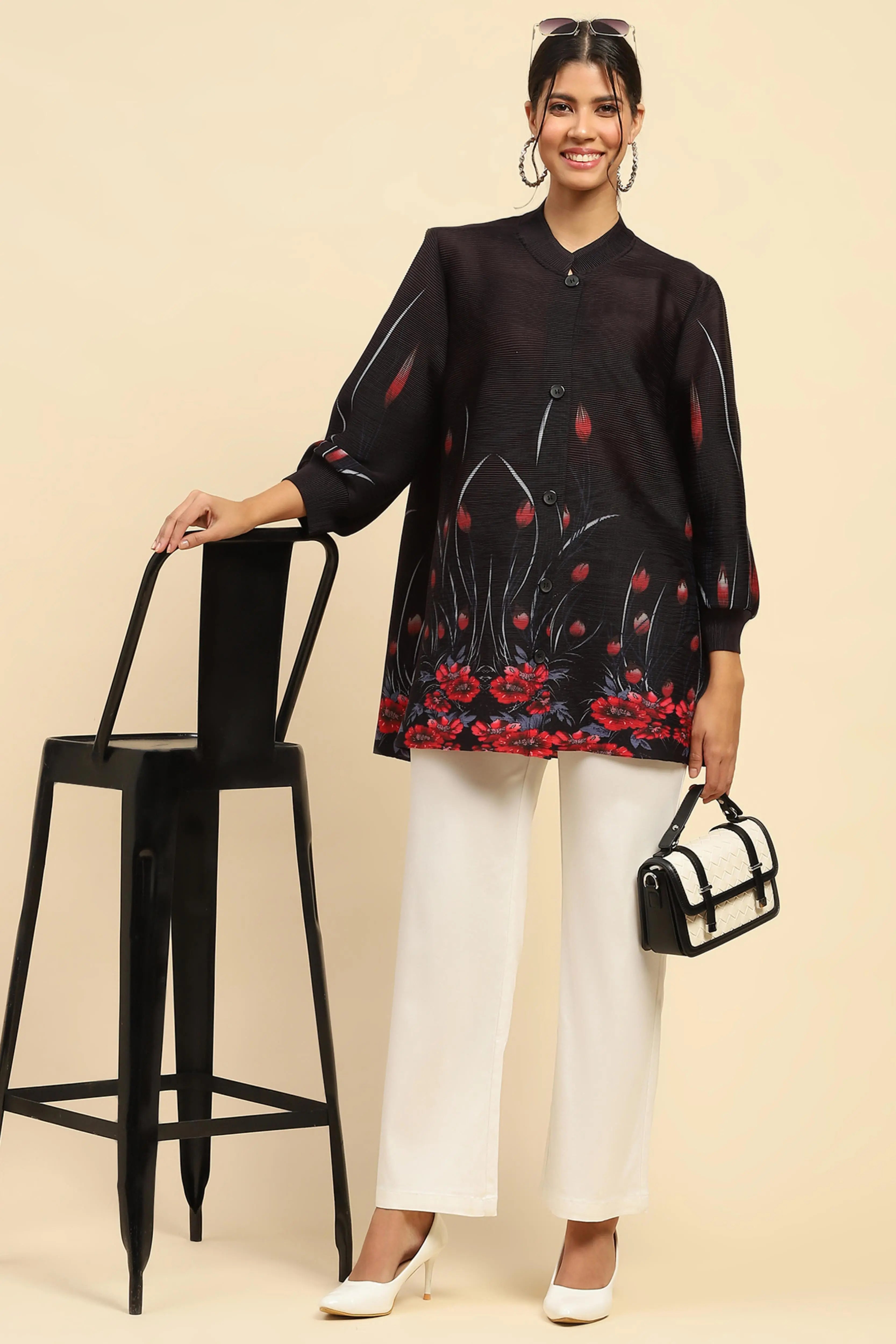 Black Floral Oversized Shirt - Global Republic