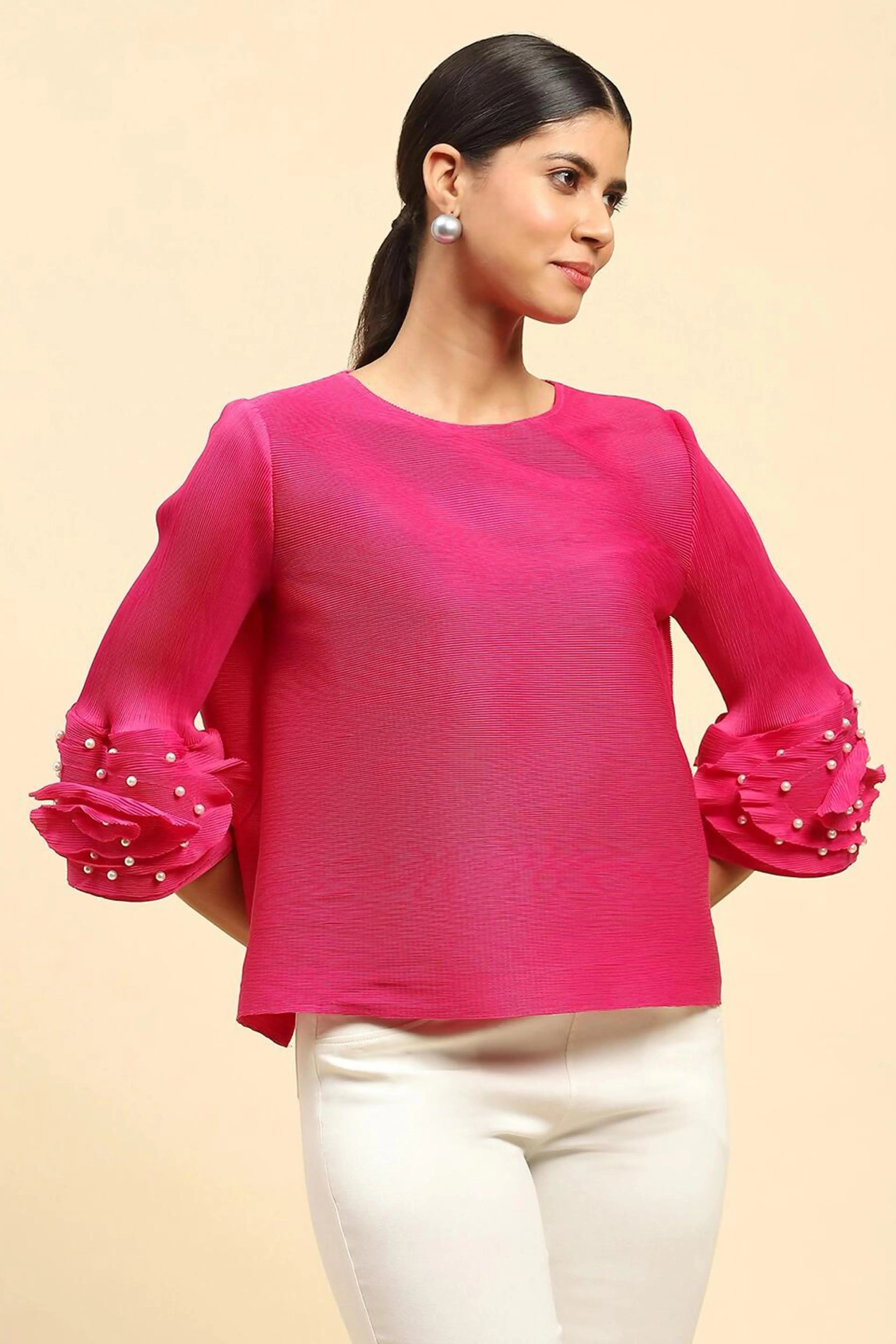 Fuchsia Solid Loose Fit Pleated Blouse - Global Republic