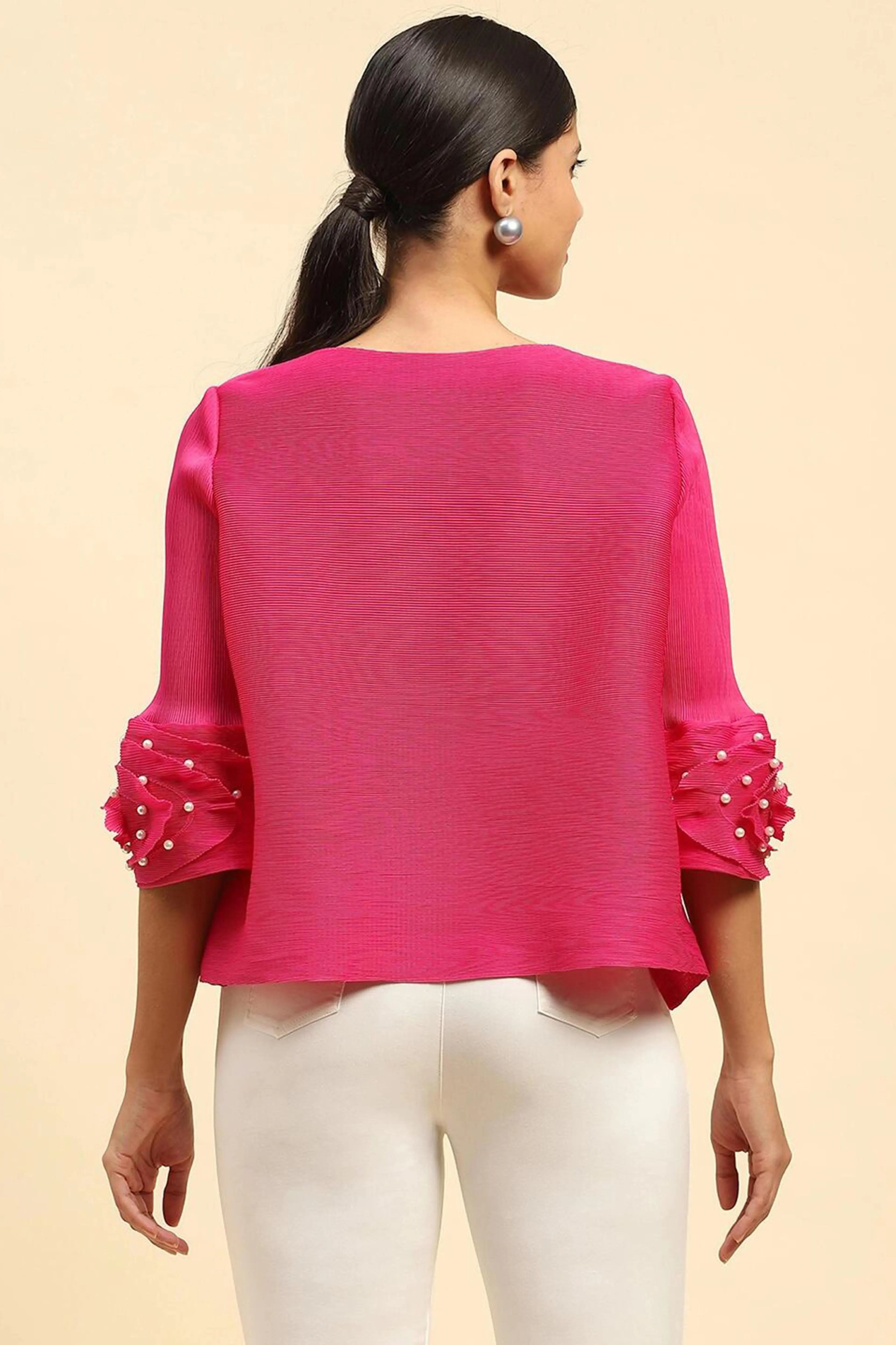 Fuchsia Solid Loose Fit Pleated Blouse - Global Republic