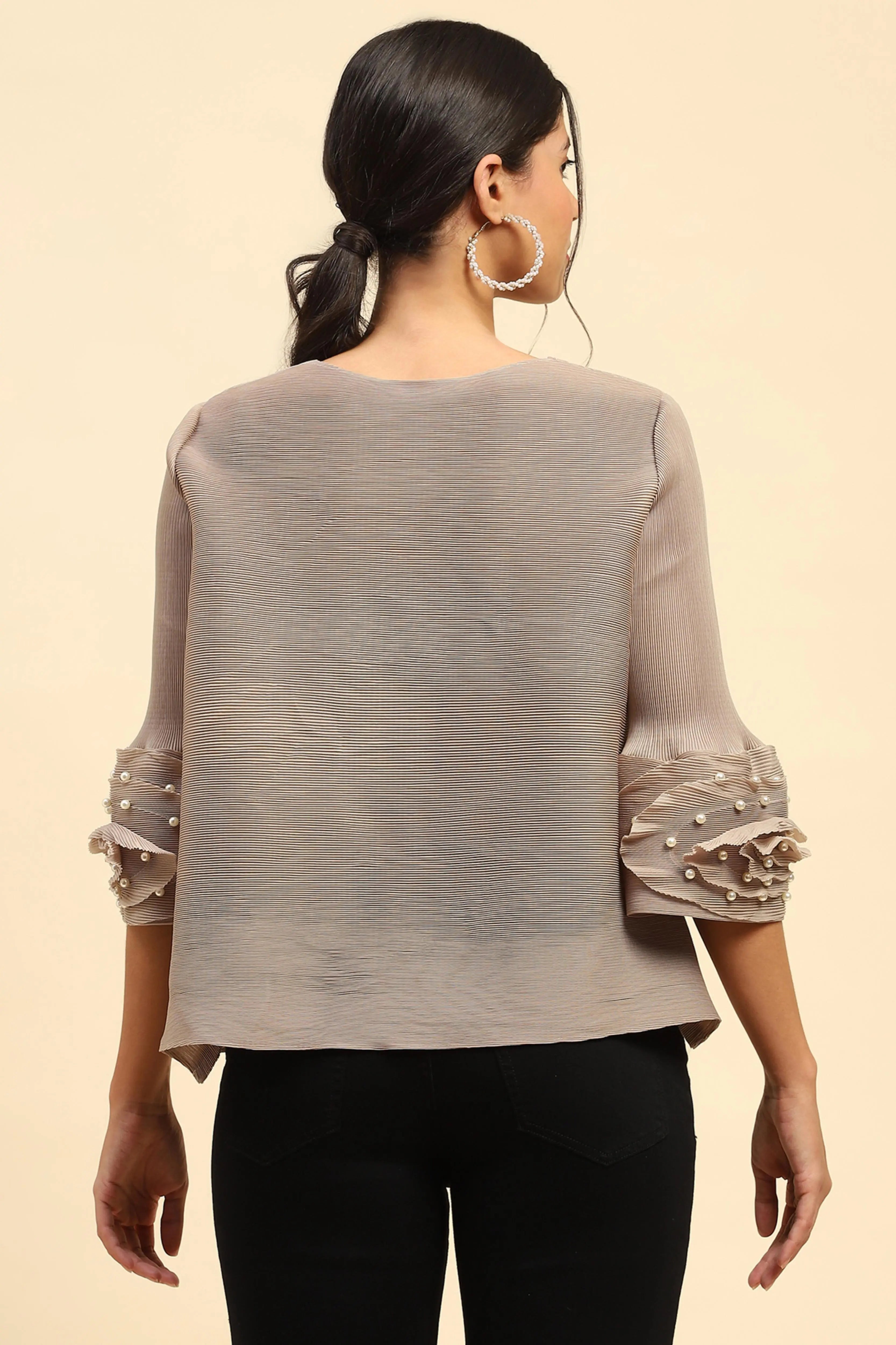 Beige Solid Loose Fit Pleated Blouse - Global Republic