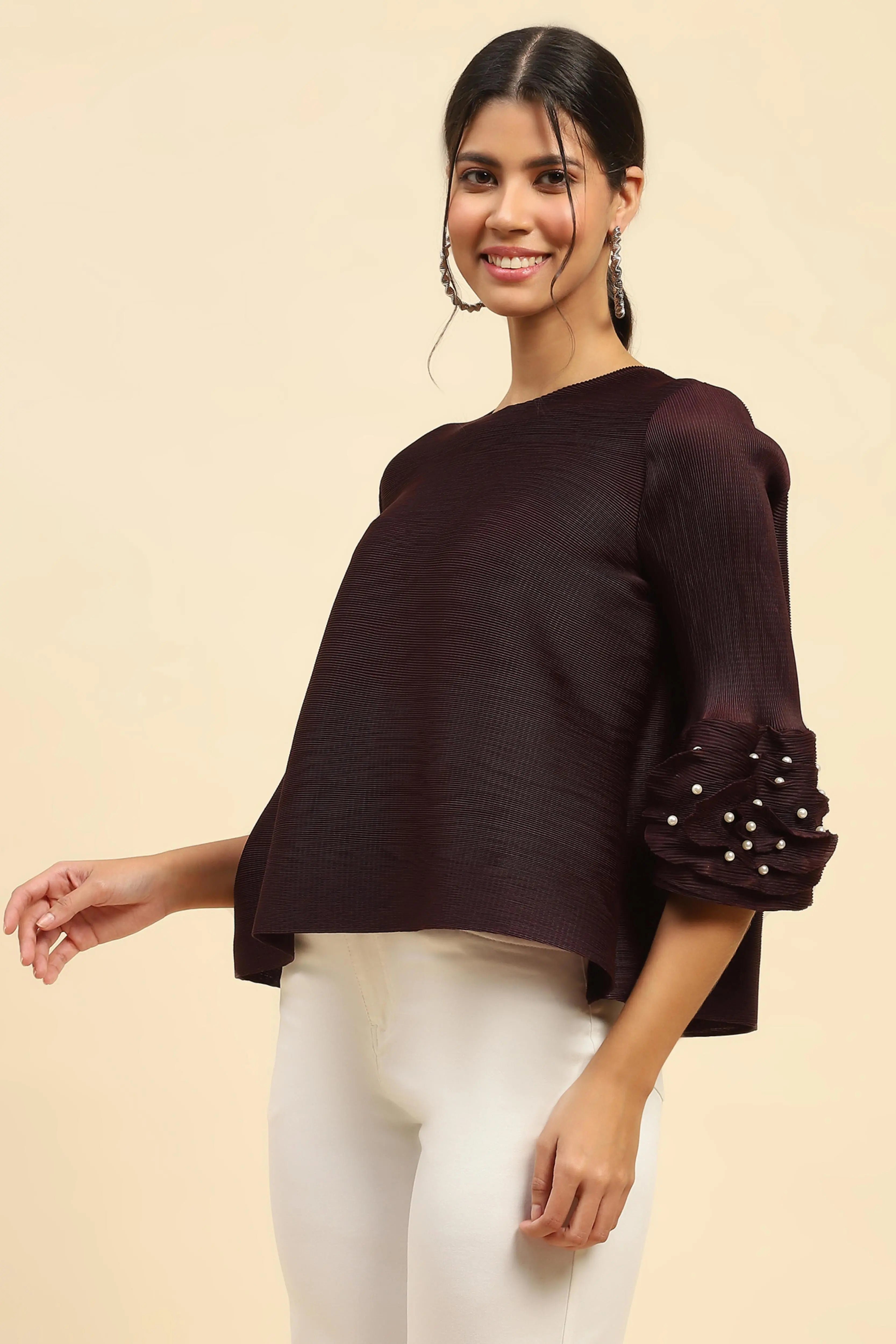 Wine Solid Loose Fit Pleated Blouse - Global Republic