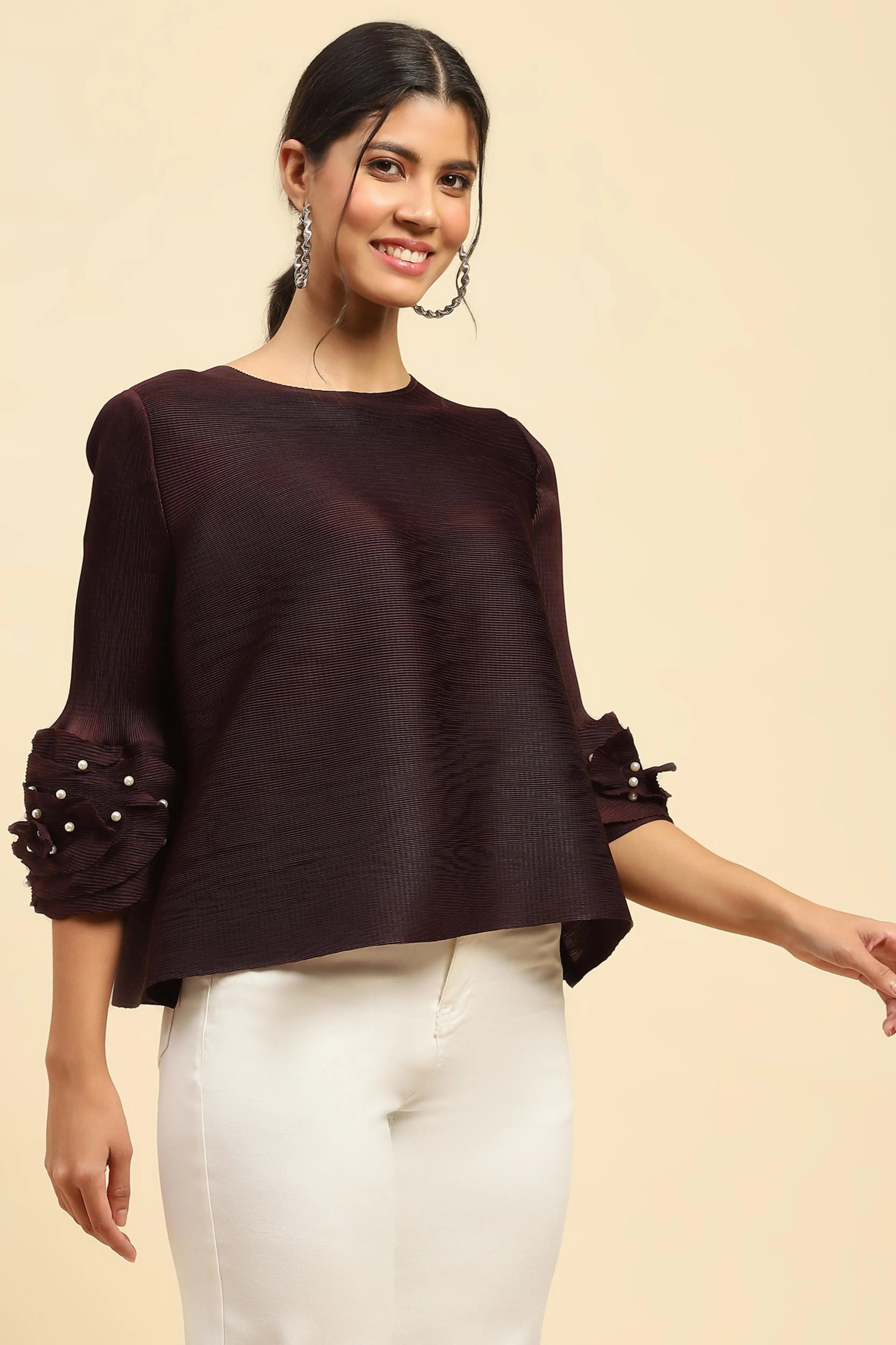 Wine Solid Loose Fit Pleated Blouse - Global Republic
