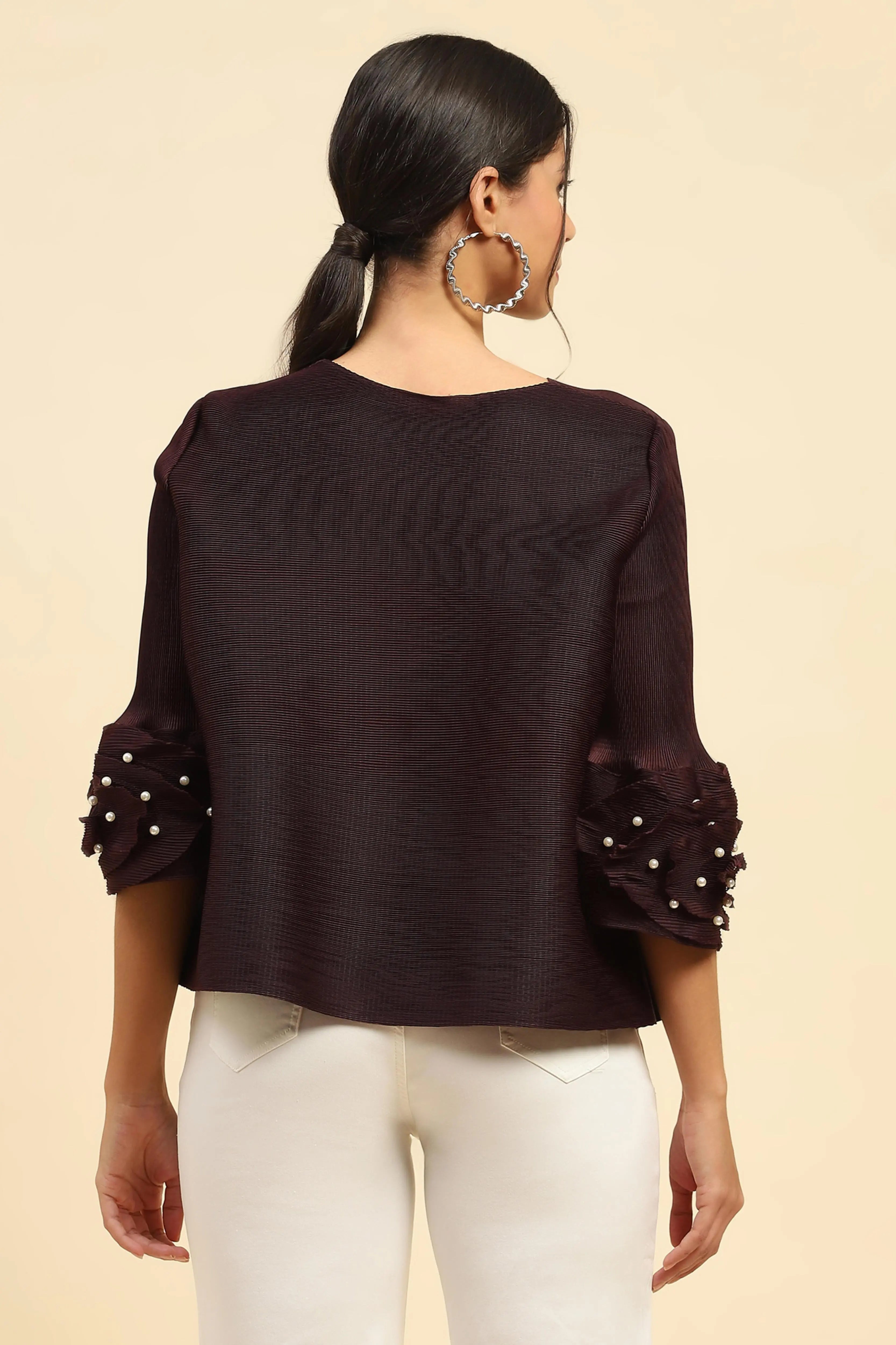 Wine Solid Loose Fit Pleated Blouse - Global Republic
