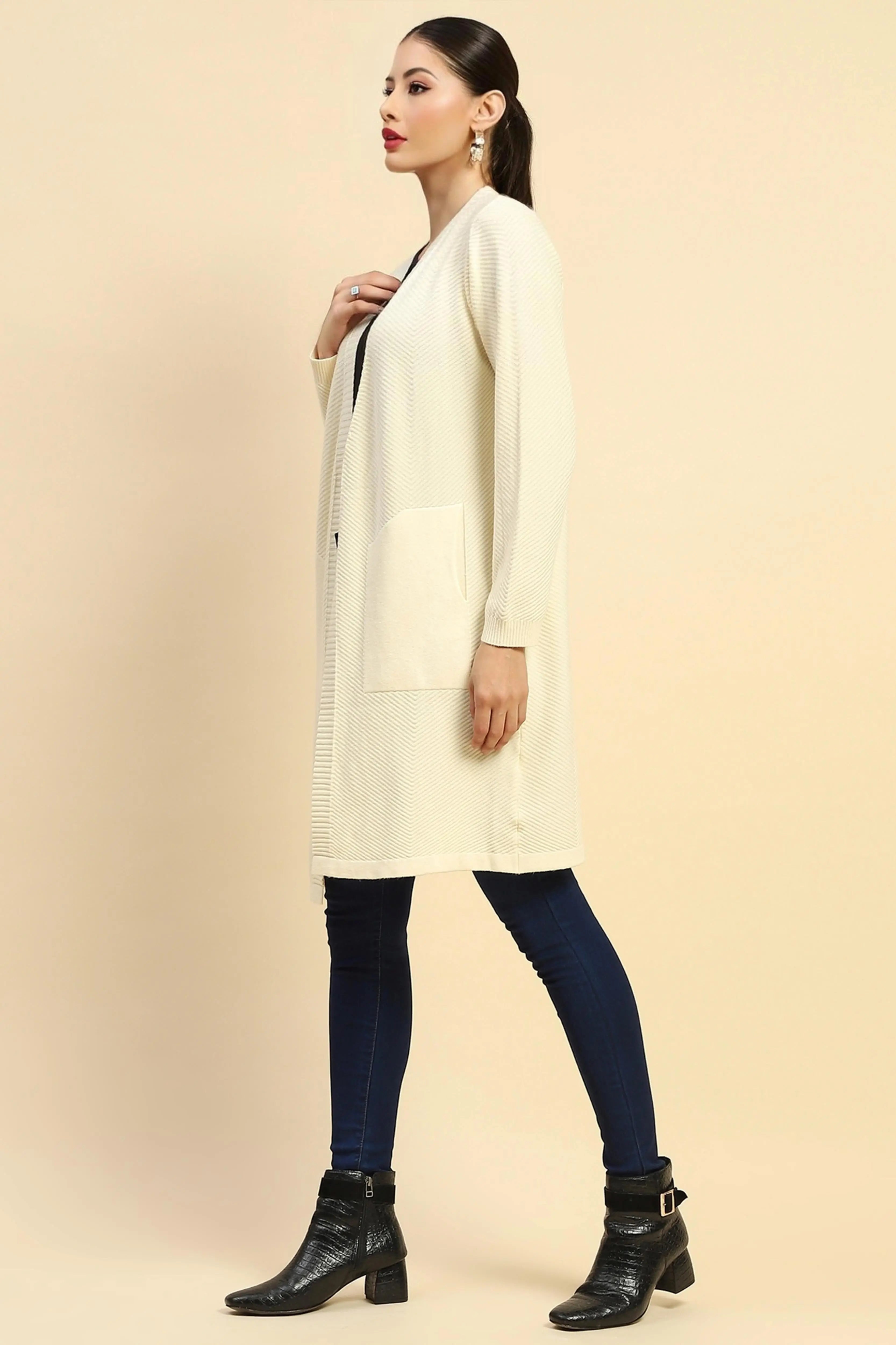Off White Viscose Loose Fit Winter Shrug For Women - Global Republic