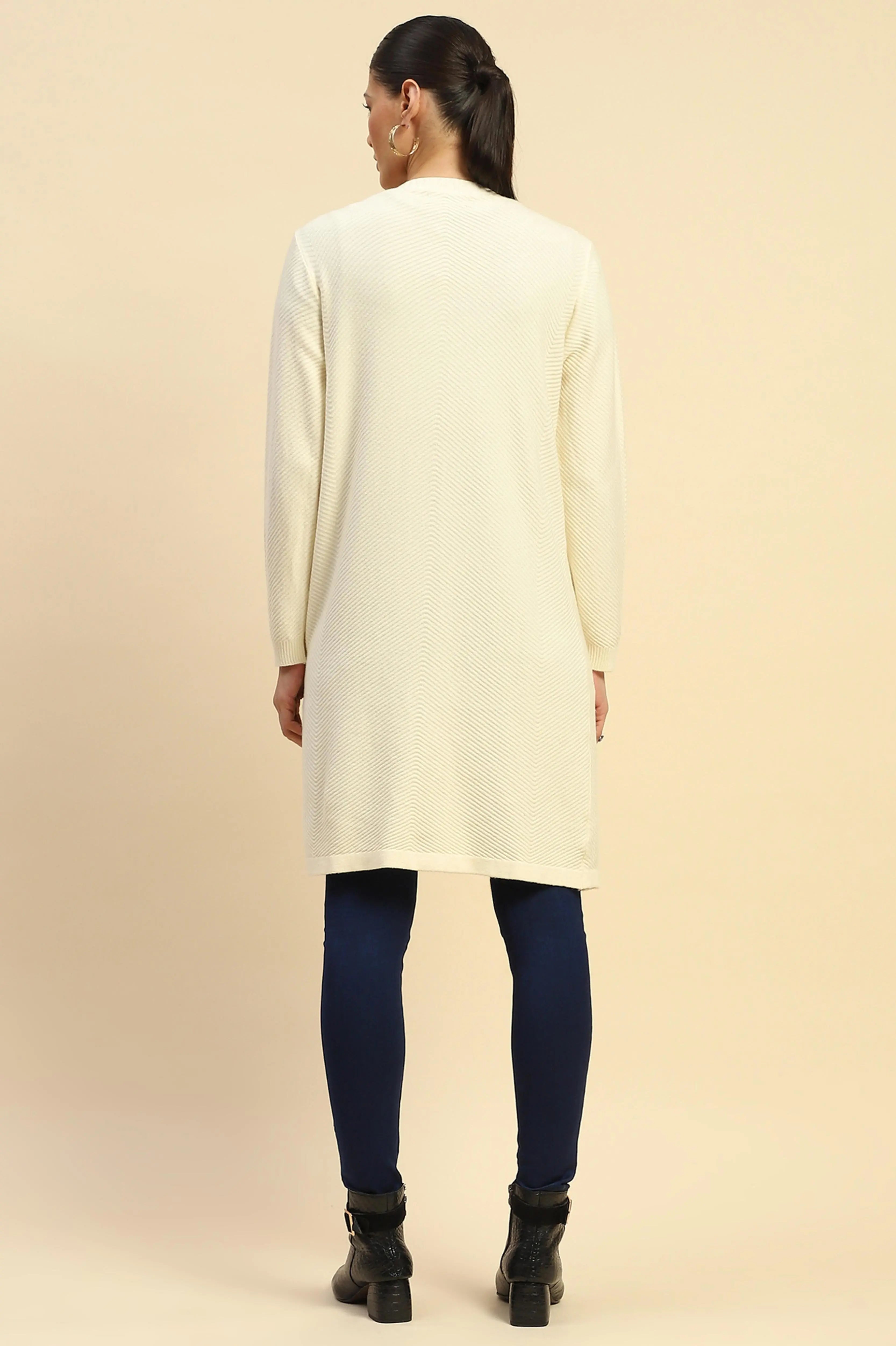 Off White Viscose Loose Fit Winter Shrug For Women - Global Republic