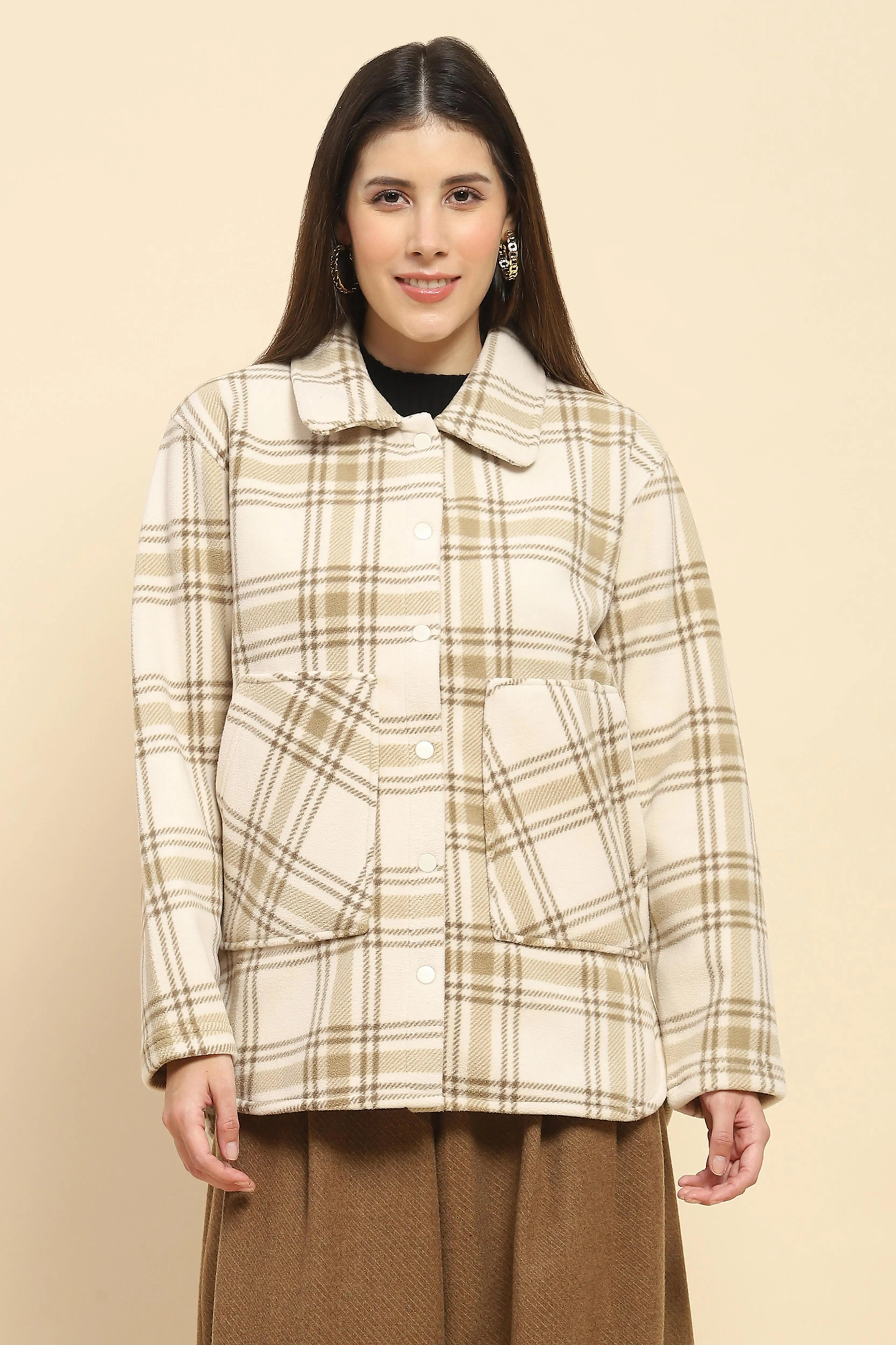 Beige Fleece Check Winter Shacket - Global Republic