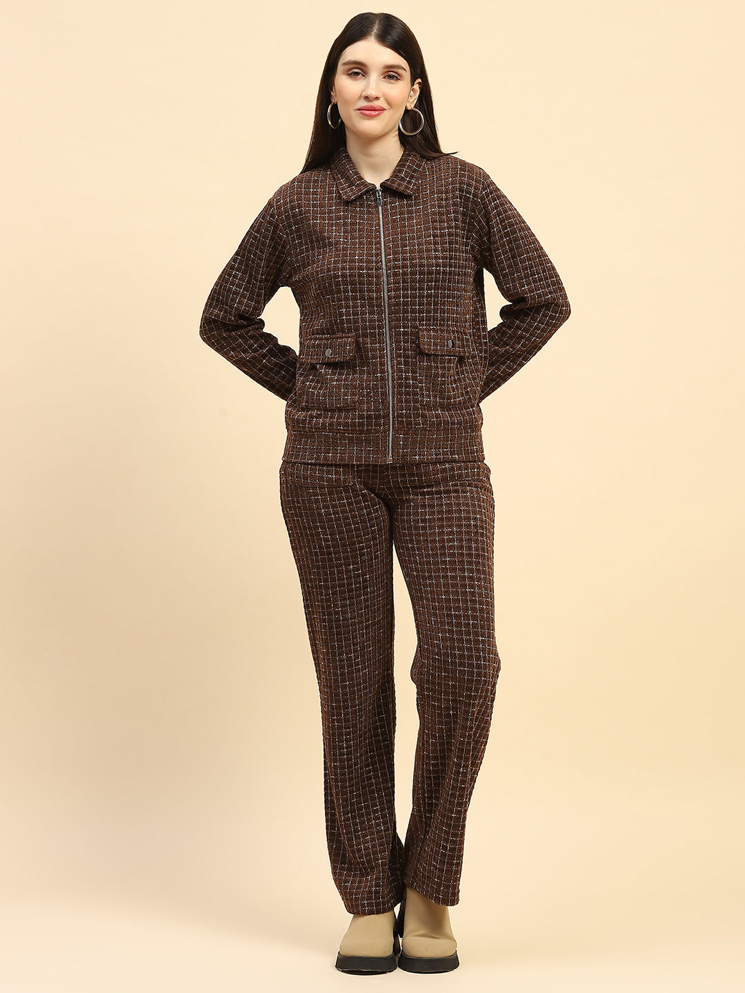 Coffee Checkered Co ord Set - Global Republic