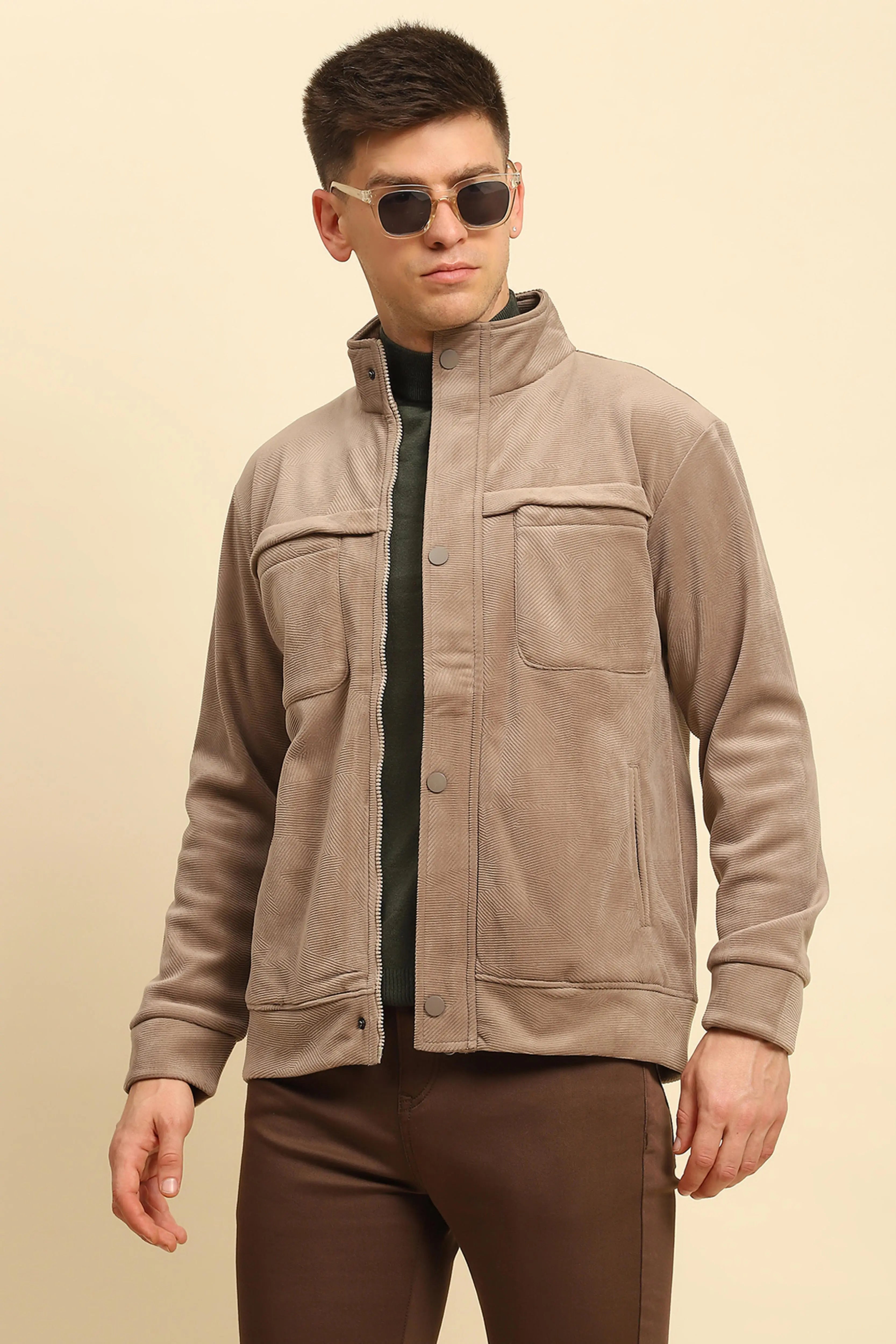 Tan  Textured Jacket - Global Republic