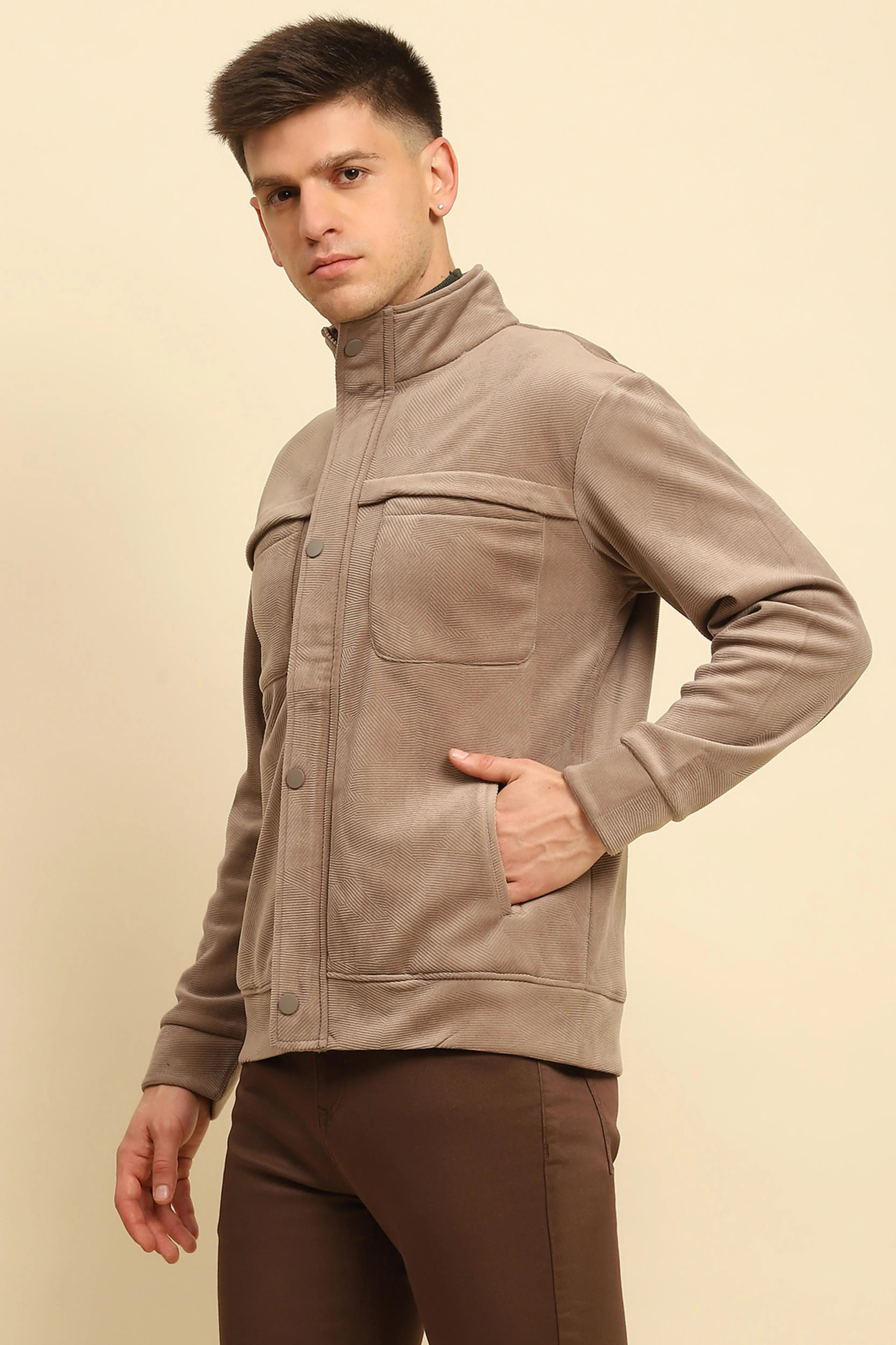 Tan  Textured Jacket - Global Republic