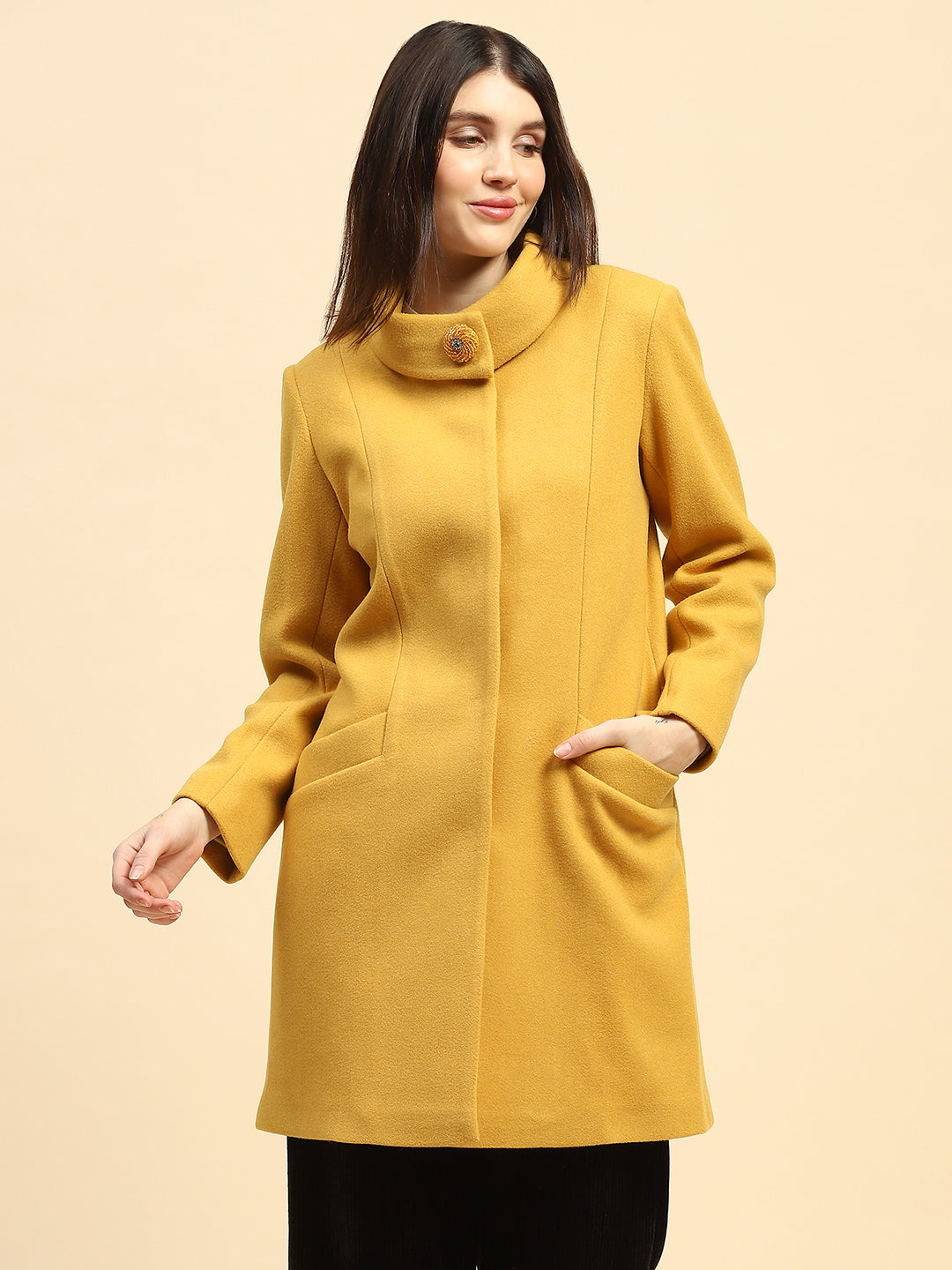 Mustard Solid  Long Coat - Global Republic